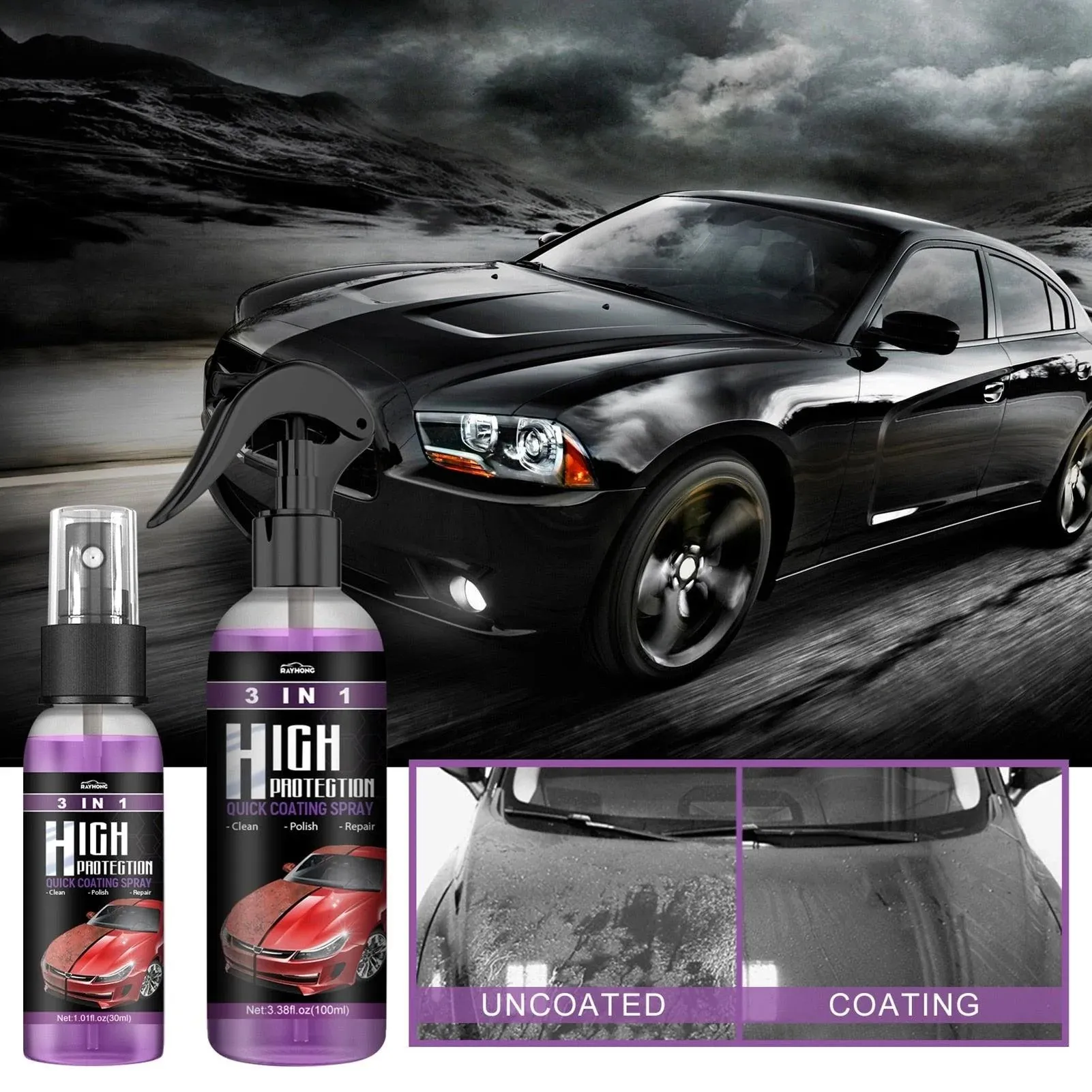 3 In 1 Quick High Protection Car Coating Spray Polish, Ceramic, Plastic Parts Refurbisher