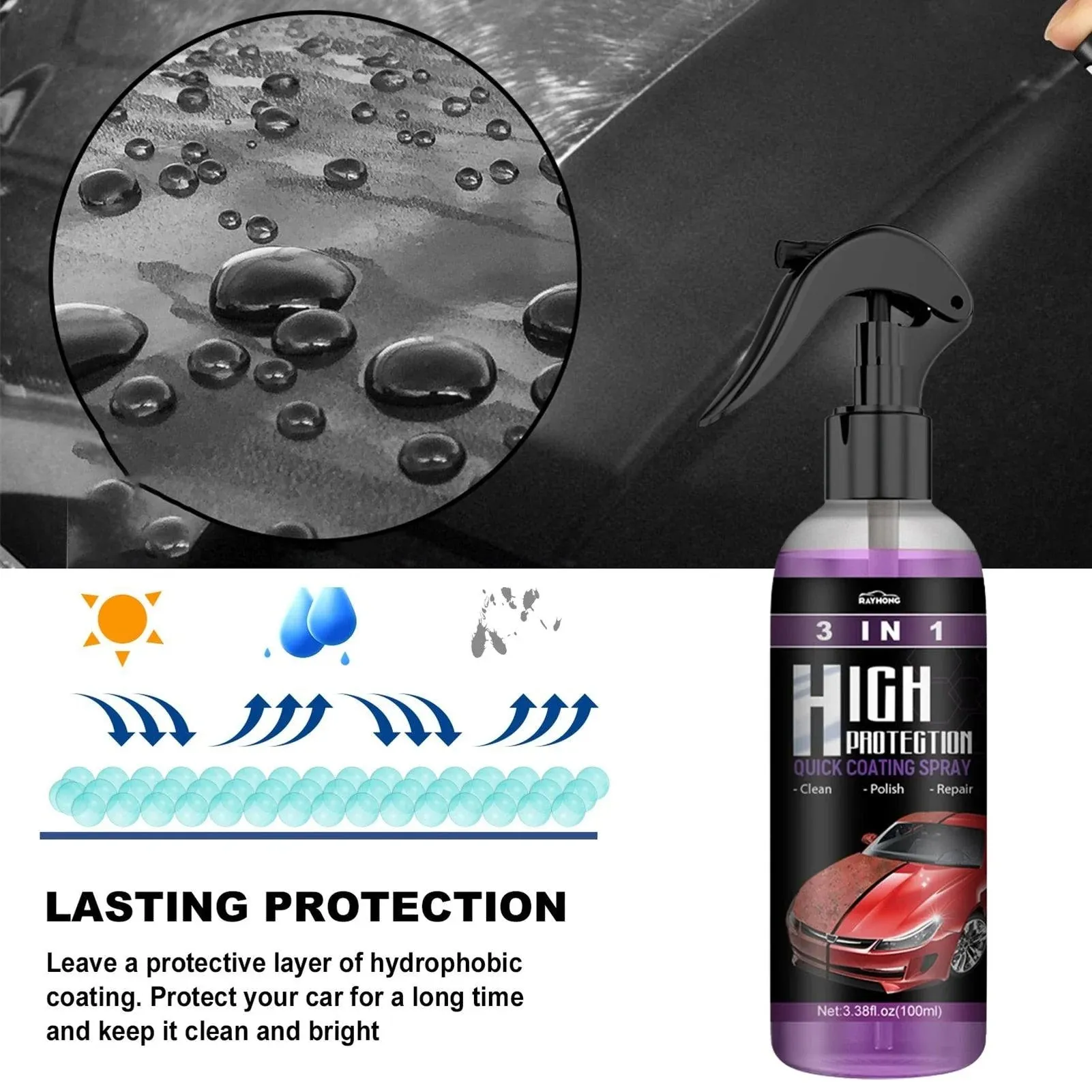 3 In 1 Quick High Protection Car Coating Spray Polish, Ceramic, Plastic Parts Refurbisher