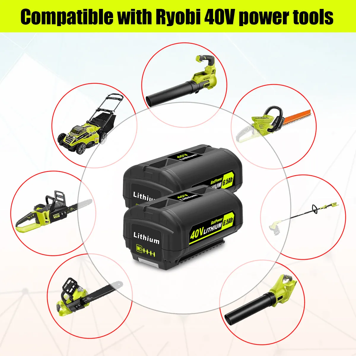 6.5AH 40V OP4040 OP40404 Lithium Battery for Ryobi 40V Battery 4.0Ah Compatible with Ryobi 40v 3.0Ah OP40301 2.6Ah OP40261 2.0Ah OP40201 Battery