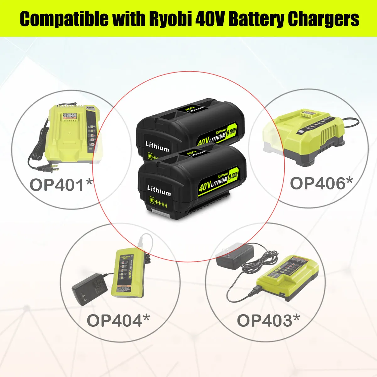 6.5AH 40V OP4040 OP40404 Lithium Battery for Ryobi 40V Battery 4.0Ah Compatible with Ryobi 40v 3.0Ah OP40301 2.6Ah OP40261 2.0Ah OP40201 Battery