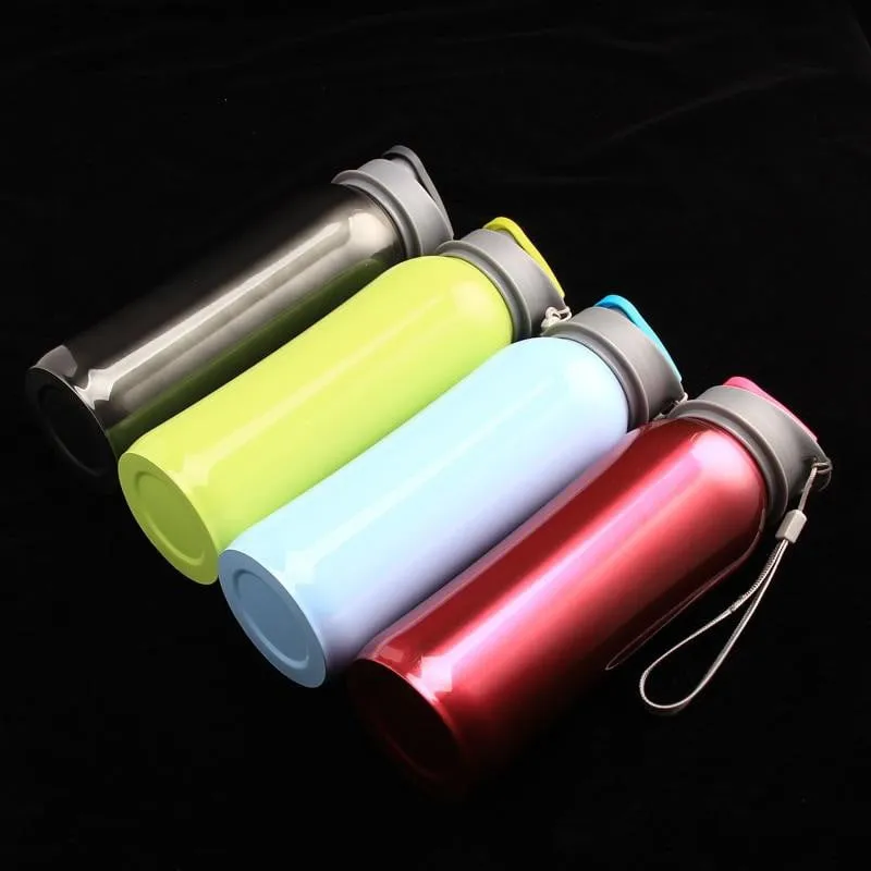 800ml Single Wall 304 Stainless Steel Sports Outdoor Water Bottle with Bpa-Free Spring Lid w Portable Rope