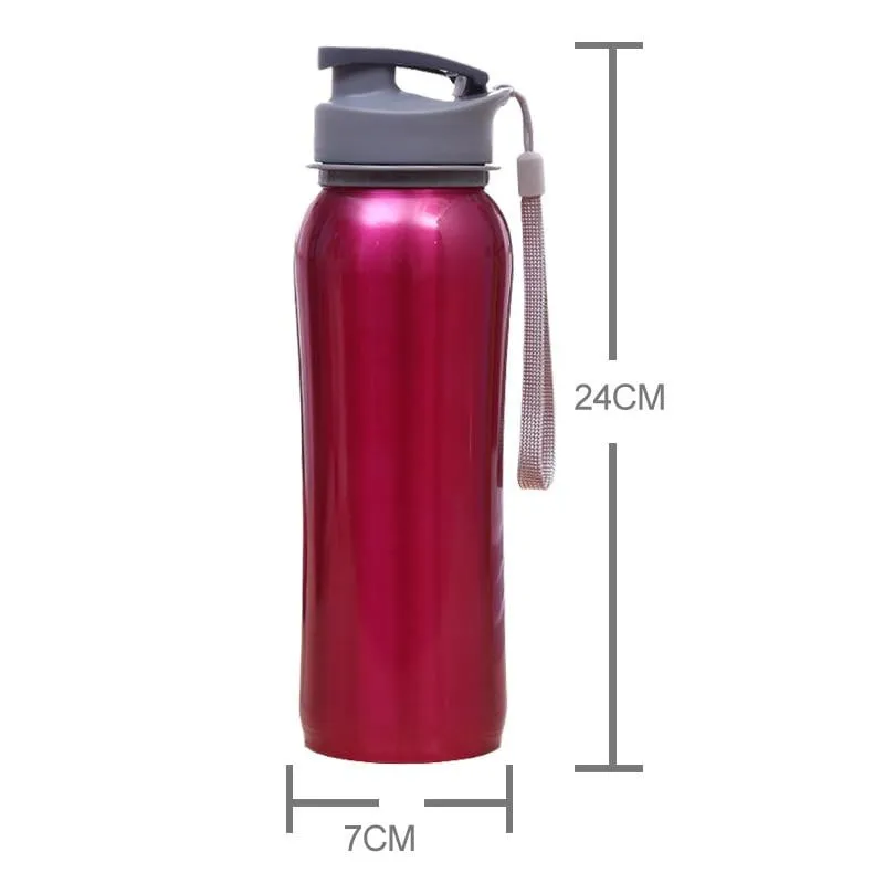 800ml Single Wall 304 Stainless Steel Sports Outdoor Water Bottle with Bpa-Free Spring Lid w Portable Rope