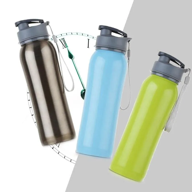 800ml Single Wall 304 Stainless Steel Sports Outdoor Water Bottle with Bpa-Free Spring Lid w Portable Rope