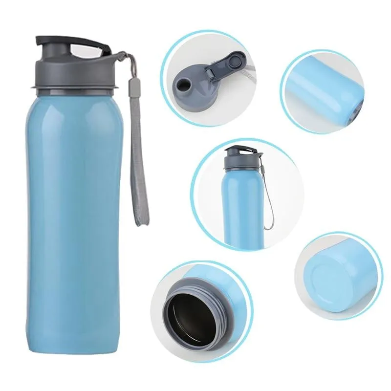 800ml Single Wall 304 Stainless Steel Sports Outdoor Water Bottle with Bpa-Free Spring Lid w Portable Rope