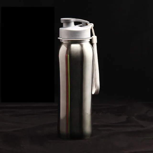 800ml Single Wall 304 Stainless Steel Sports Outdoor Water Bottle with Bpa-Free Spring Lid w Portable Rope