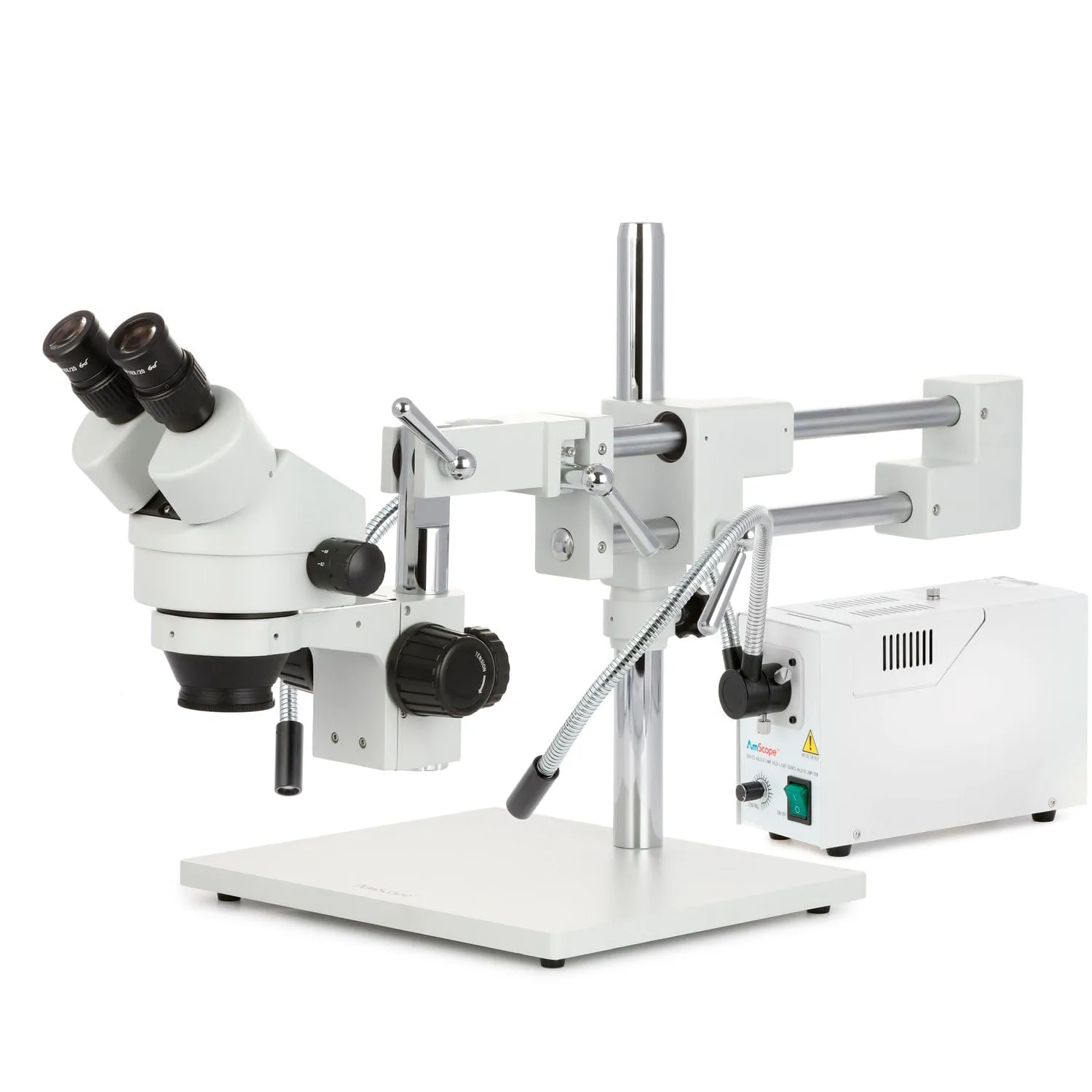 AmScope SM-4 Series Zoom Binocular Stereo Microscope 7X-45X Magnification with 150W Halogen Dual Gooseneck Lights on Double Arm Boom Stand