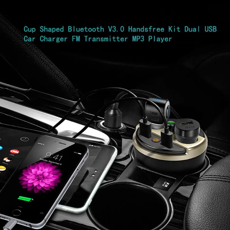 Car Cup Holder LCD Bluetooth Dual Cigarette Lighter / USB Charger