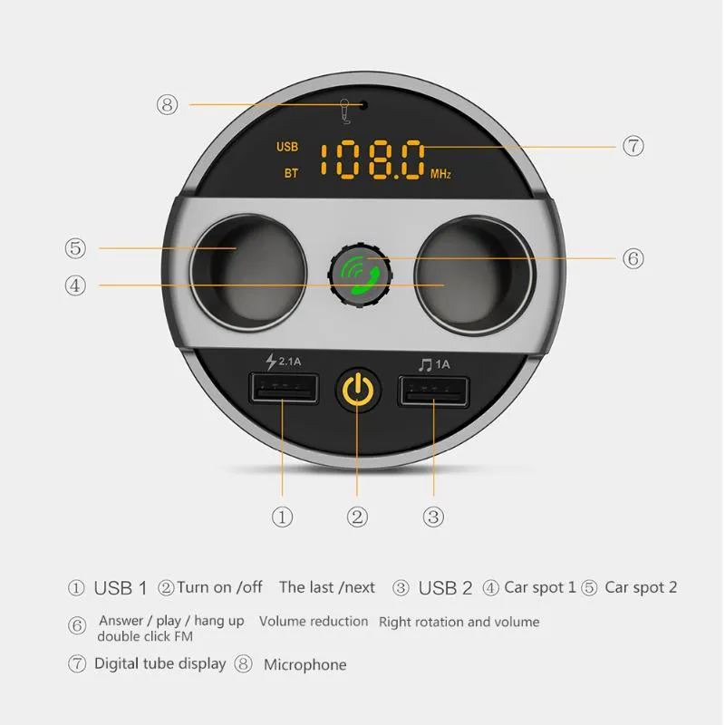 Car Cup Holder LCD Bluetooth Dual Cigarette Lighter / USB Charger