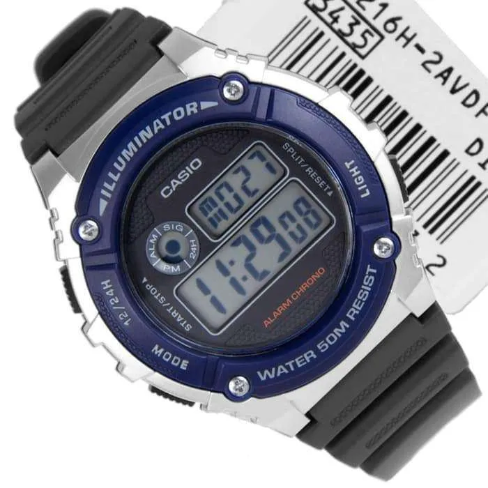 Casio W-216H-2A Black/Blue Resin Strap Watch for Men and Women