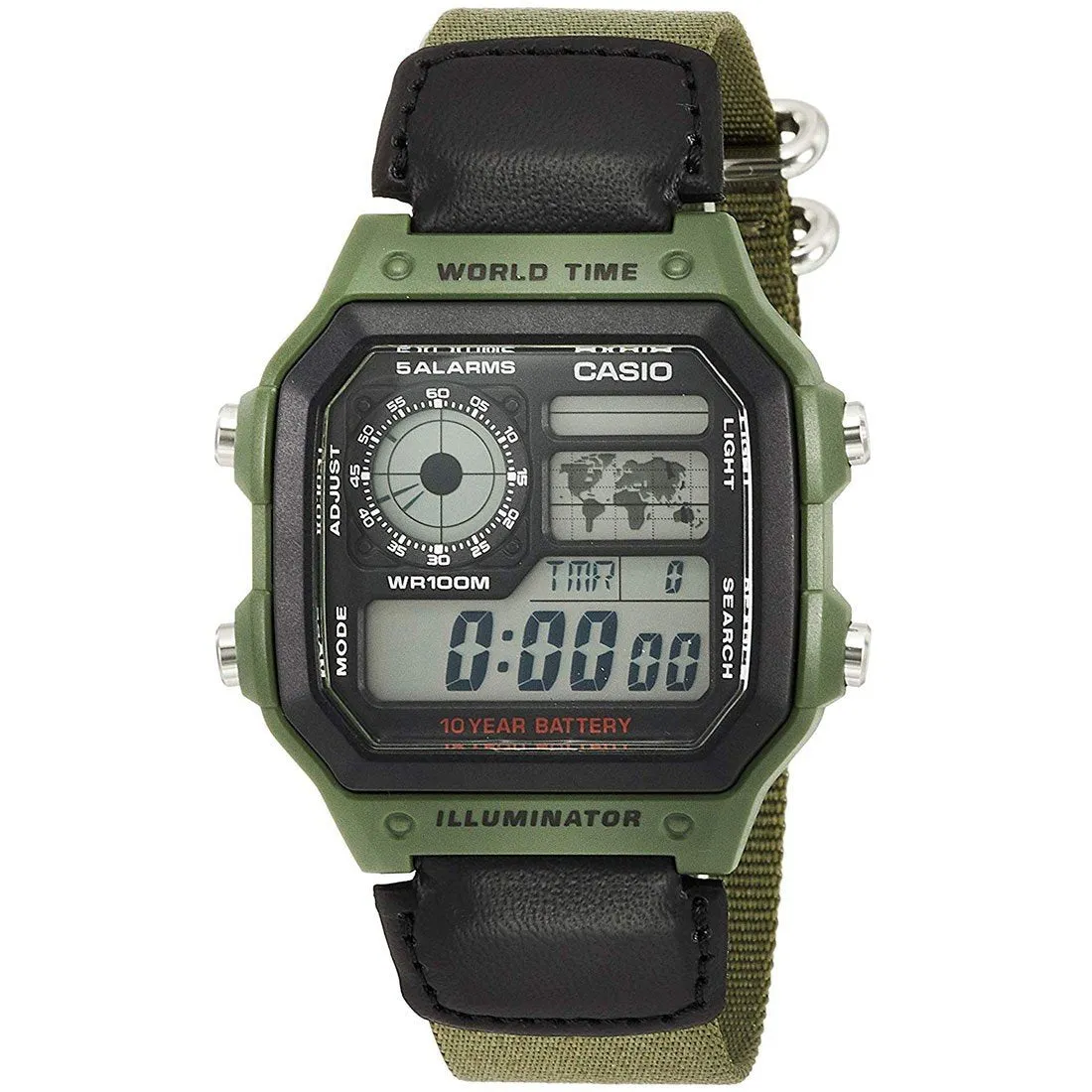 Casio Watch Digital World Time Illuminator Green Nato AE-1200WHB-3BVDF