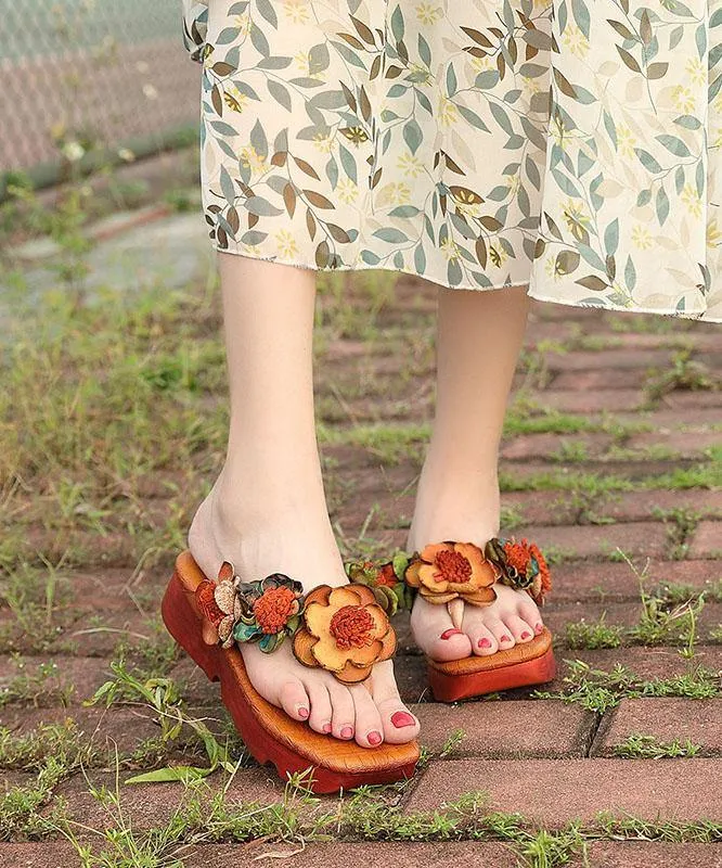 Casual Wedge Thong Sandals Orange Cowhide Leather Flip Flops