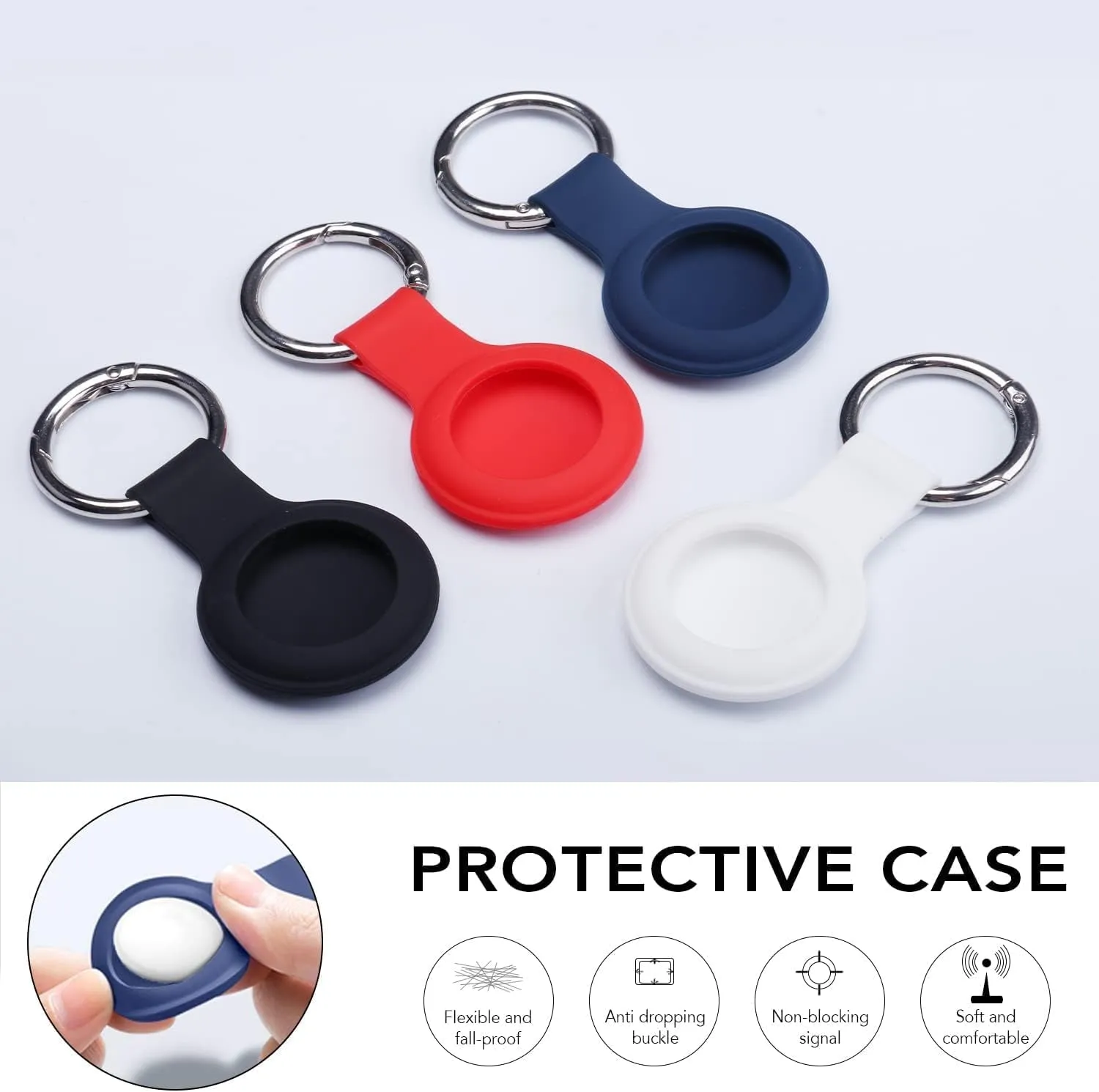 HATALKIN Airtag Case, Compatible with Airtag Case Holder Silicone Key Ring/Chain (Black Blue White Red)