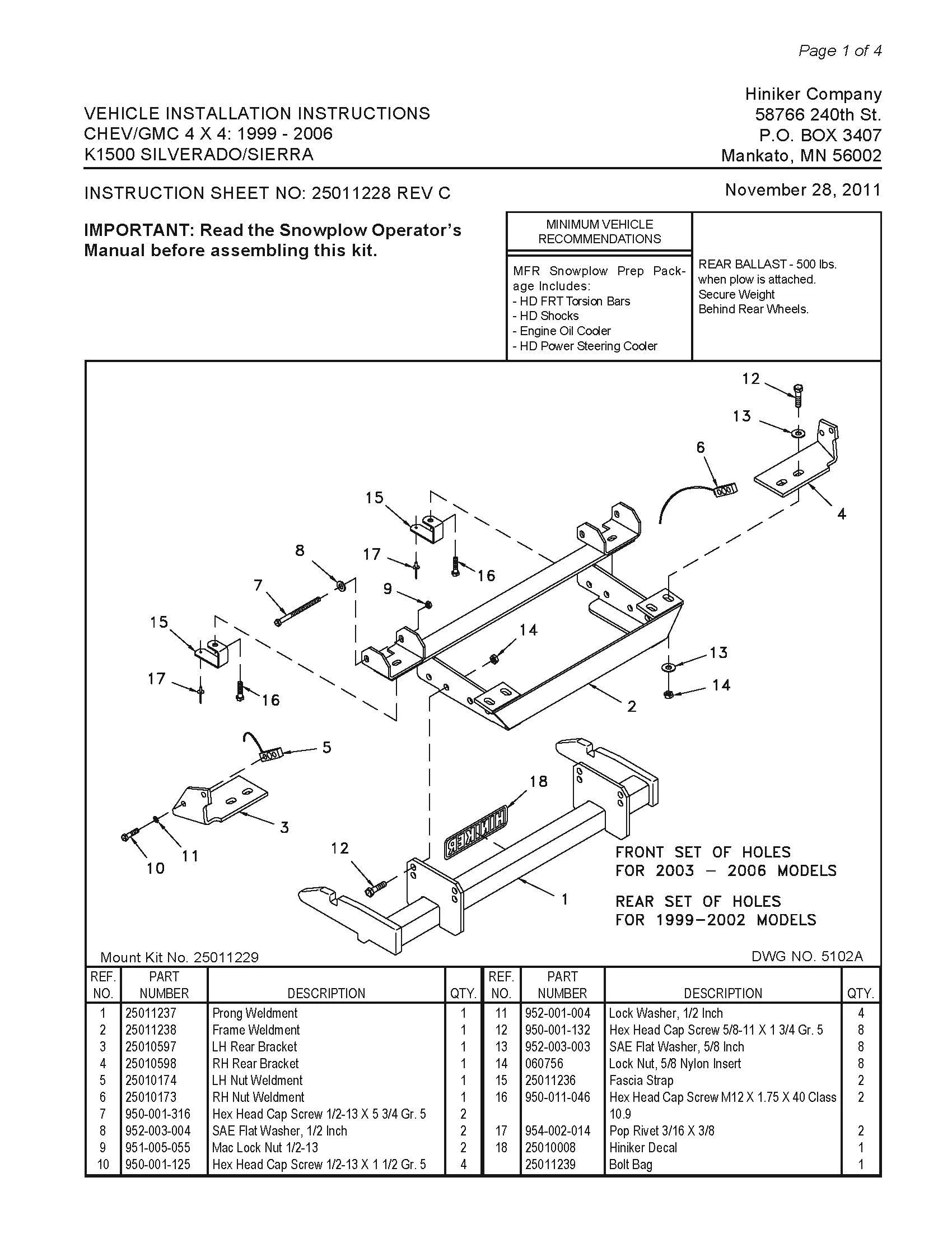 Hiniker Snowplow Mount - Quick Hitch 1 (QH1), 1999-2006 GM/Chevy K1500, 25011229