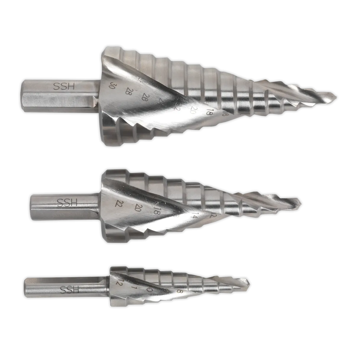 HSS 4341 Step Drill Bit Set 3pc Spiral Flute