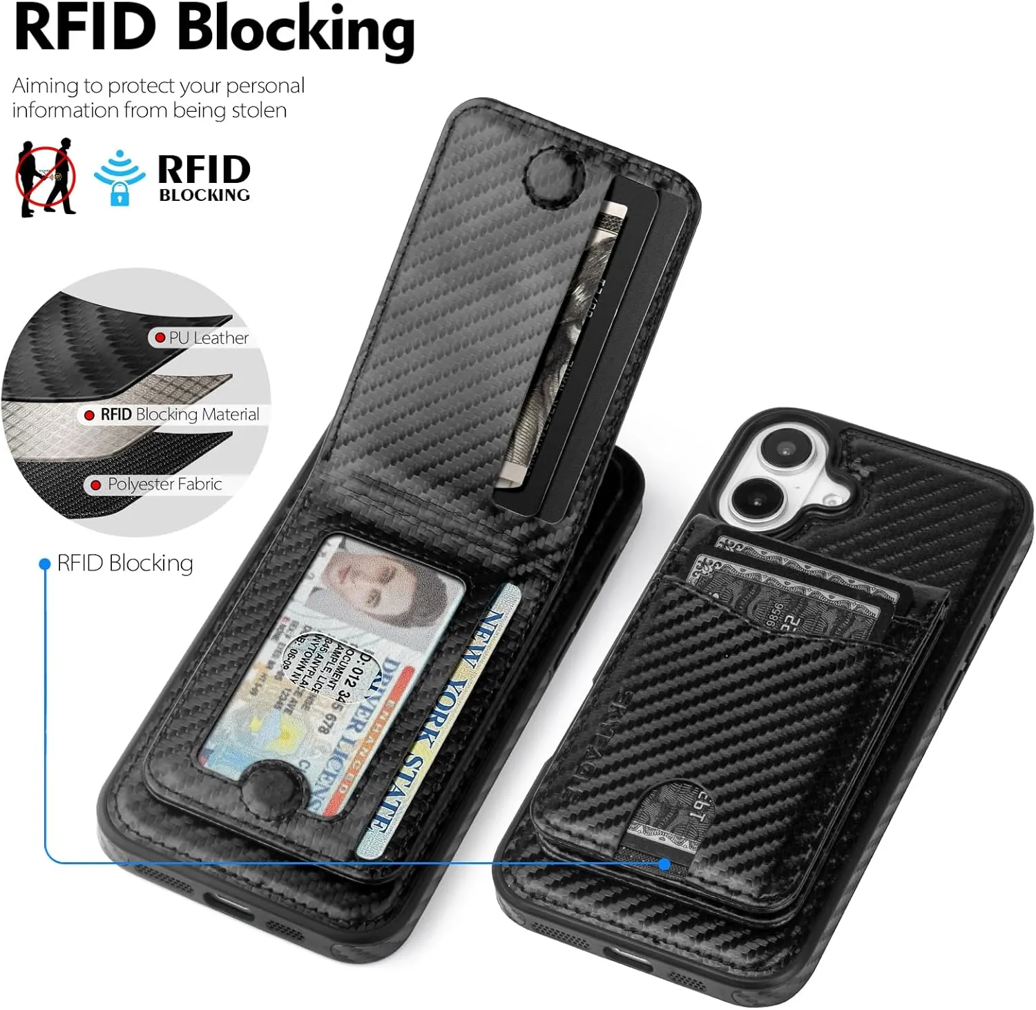 iPhone 16 Wallet Case Card Holder Magnetic PU Leather RFID Blocking Flip Kickstand Credit Brown