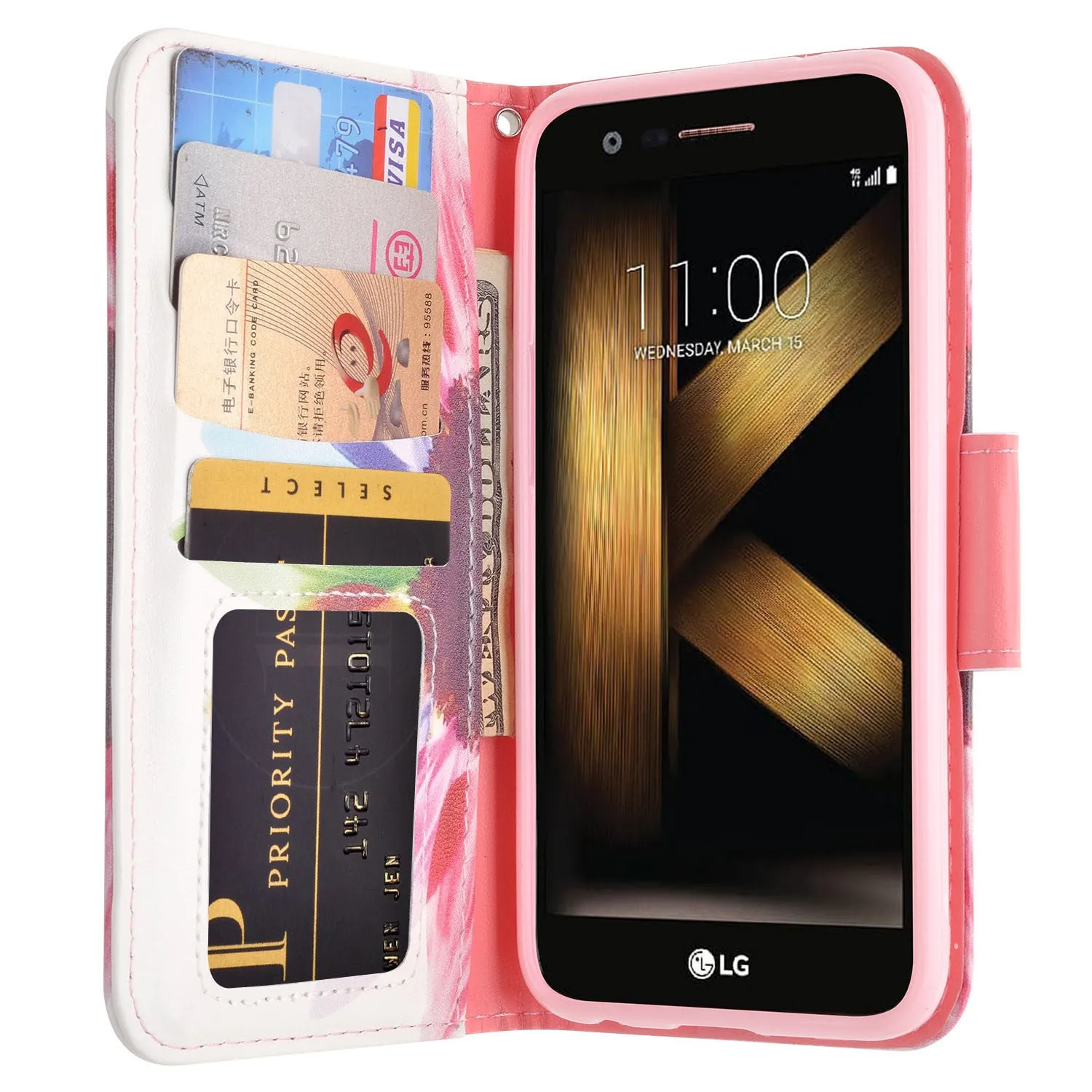 LG K20 Plus Case, LG K20 V, K10 2017 Wrist Strap Pu Leather Magnetic Flip Fold[Kickstand] Wallet Case with ID & Card Slots - Vivid Sunflower