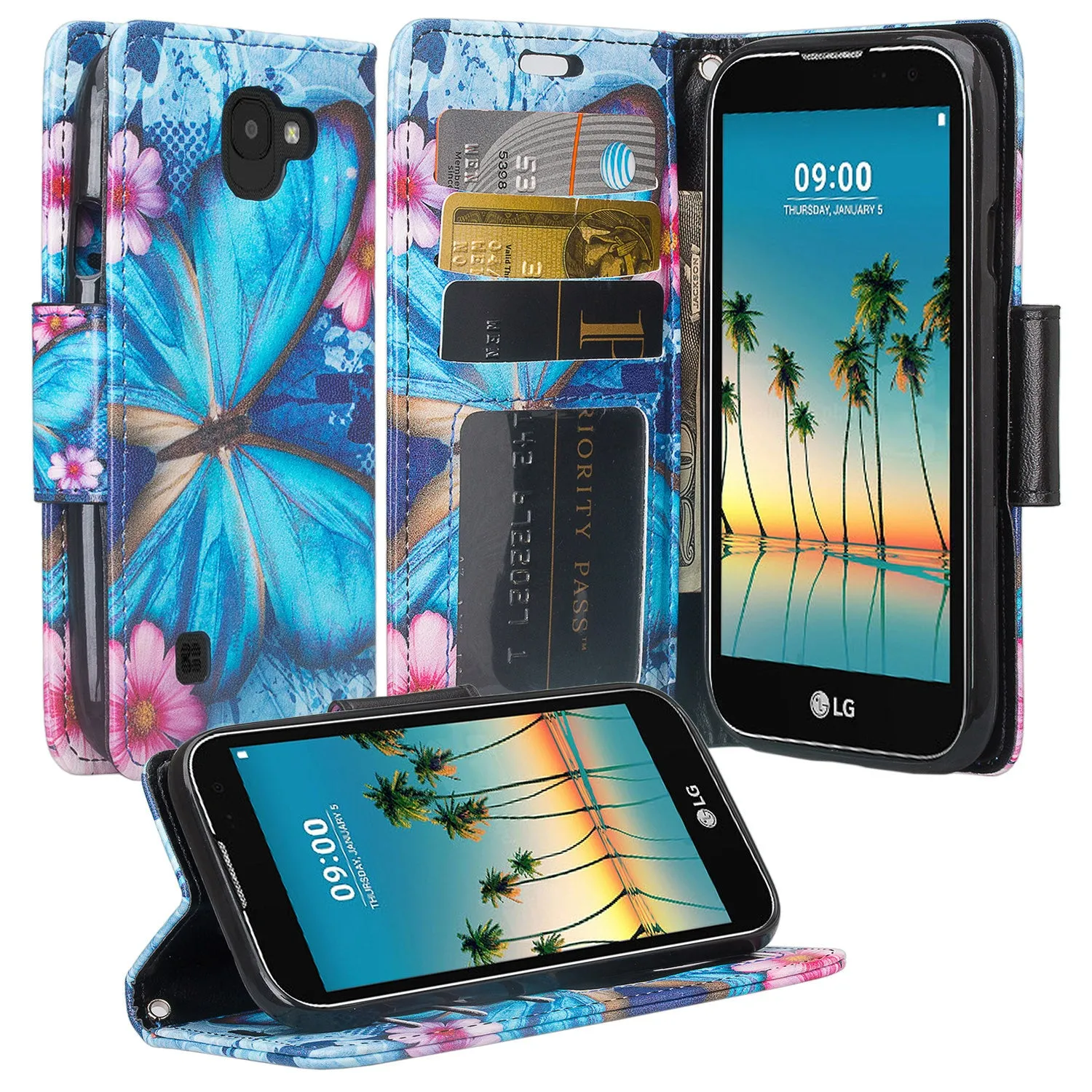 LG K3 (2017) Wallet Case, Wrist Strap Pu Leather Magnetic Flip Fold[Kickstand] with ID & Card Slots for LG K3 (2017)- Blue Butterfly