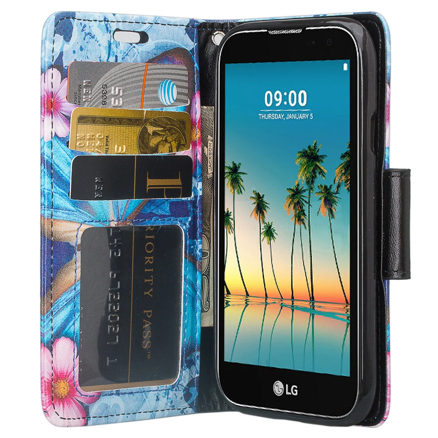 LG K3 (2017) Wallet Case, Wrist Strap Pu Leather Magnetic Flip Fold[Kickstand] with ID & Card Slots for LG K3 (2017)- Blue Butterfly