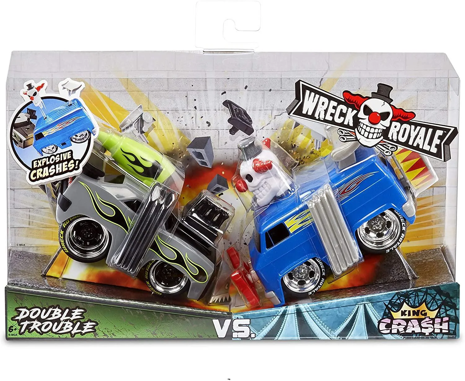 MGA Wreck Royale Exploding Crashing, 2 Pack Double Trouble Vs. King Crash Race Cars with 12 Mix 'N Match Explosive Parts