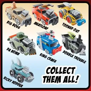 MGA Wreck Royale Exploding Crashing, 2 Pack Double Trouble Vs. King Crash Race Cars with 12 Mix 'N Match Explosive Parts