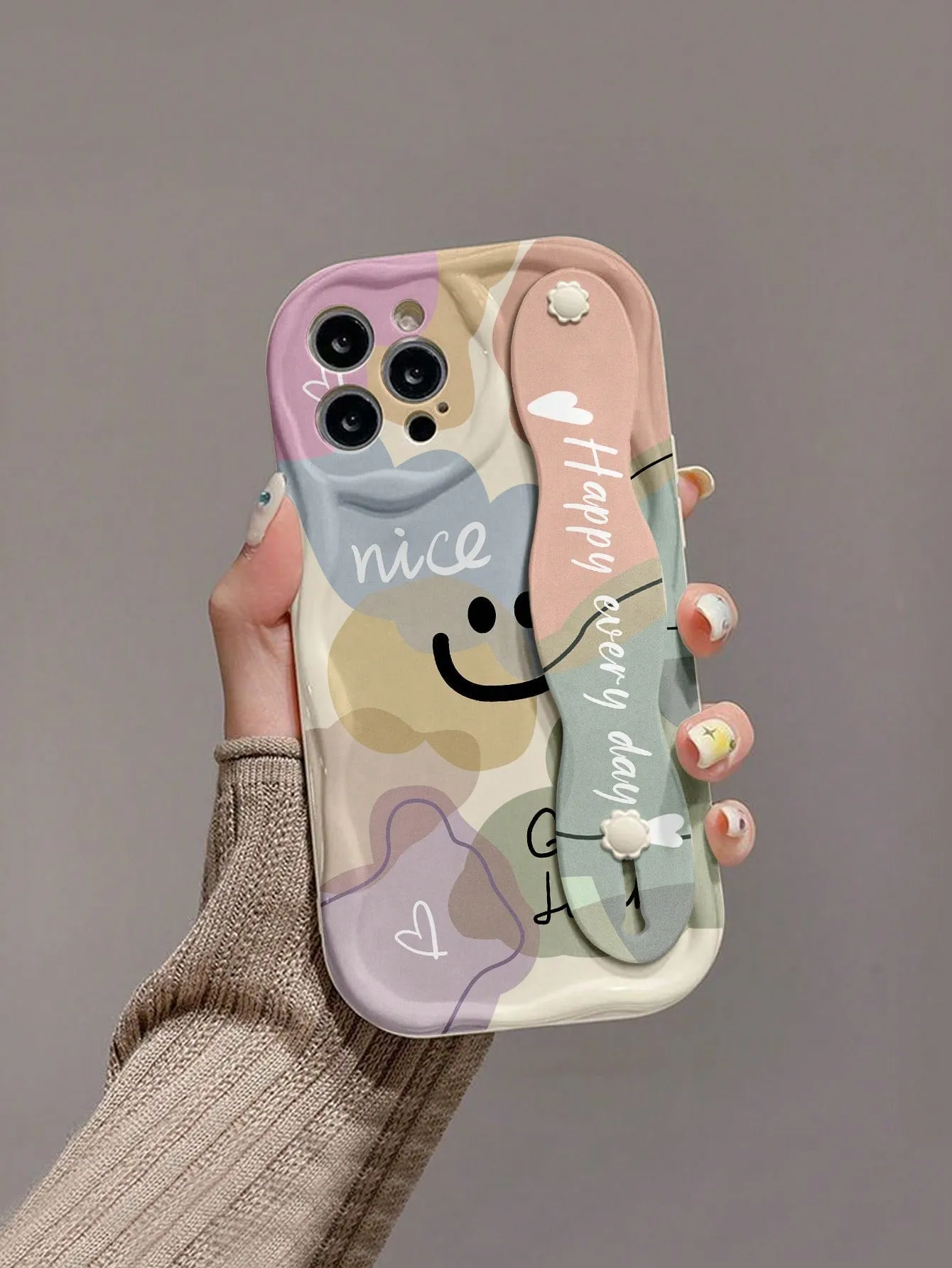 Phone Case With Strap 1pc Fashionable Wristband Phone Case With Thickened High Anti-Fall Protection, Smiling Face Print And Bracket Function, Compatible With Apple And Samsung Series