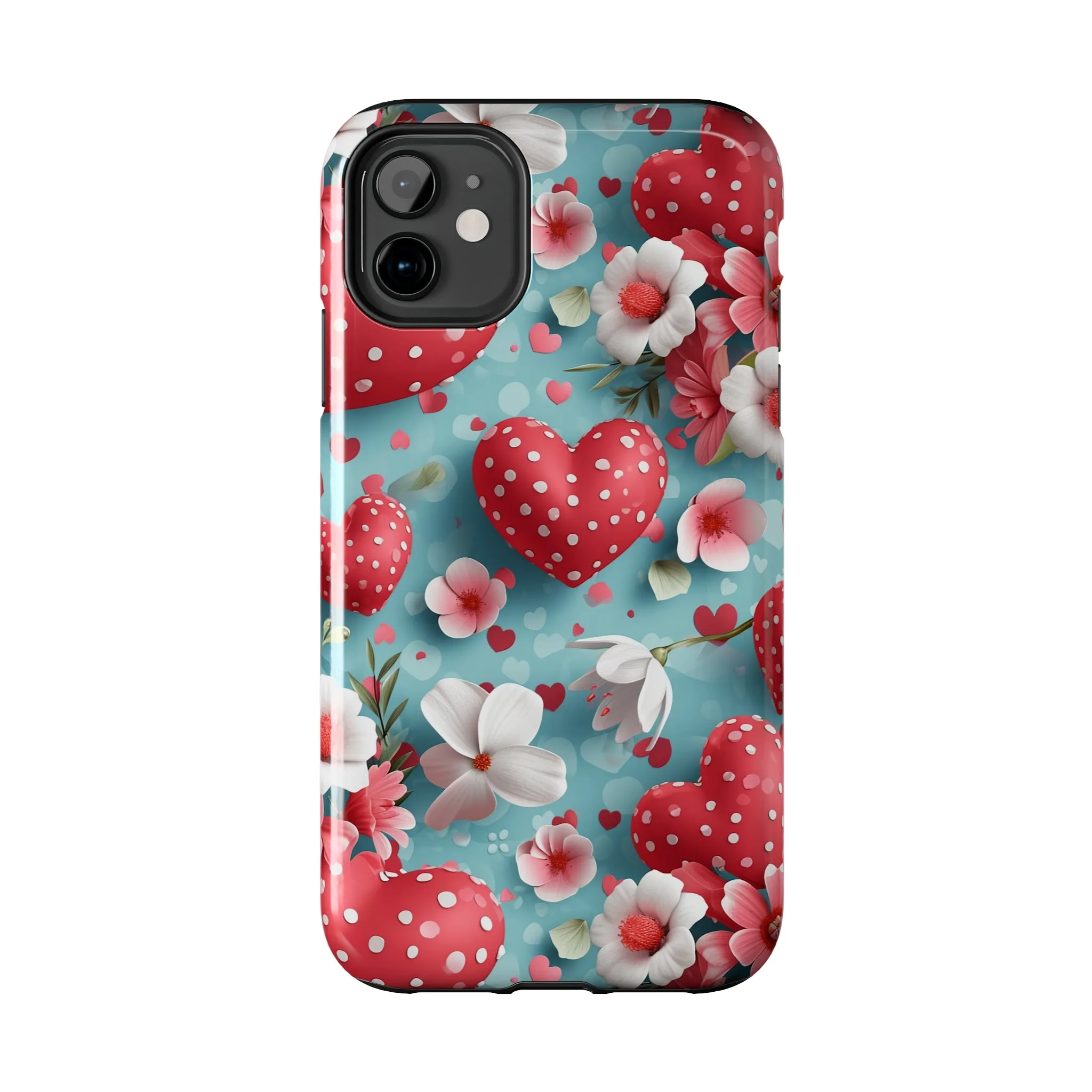 Pink White Flowers Red Hearts Digital print Design Tough Phone Case compatible with a large variety of iPhone models, Gift, Phone Case