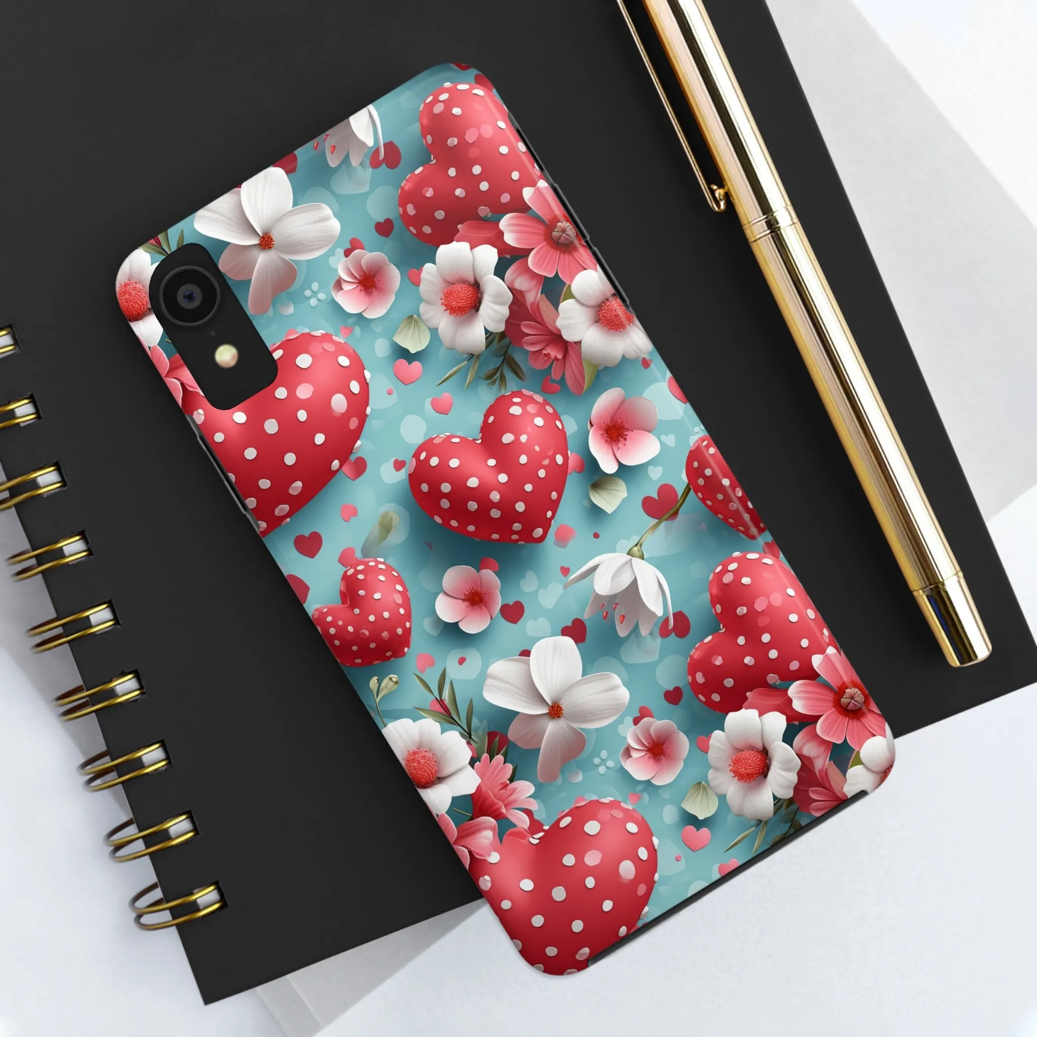 Pink White Flowers Red Hearts Digital print Design Tough Phone Case compatible with a large variety of iPhone models, Gift, Phone Case