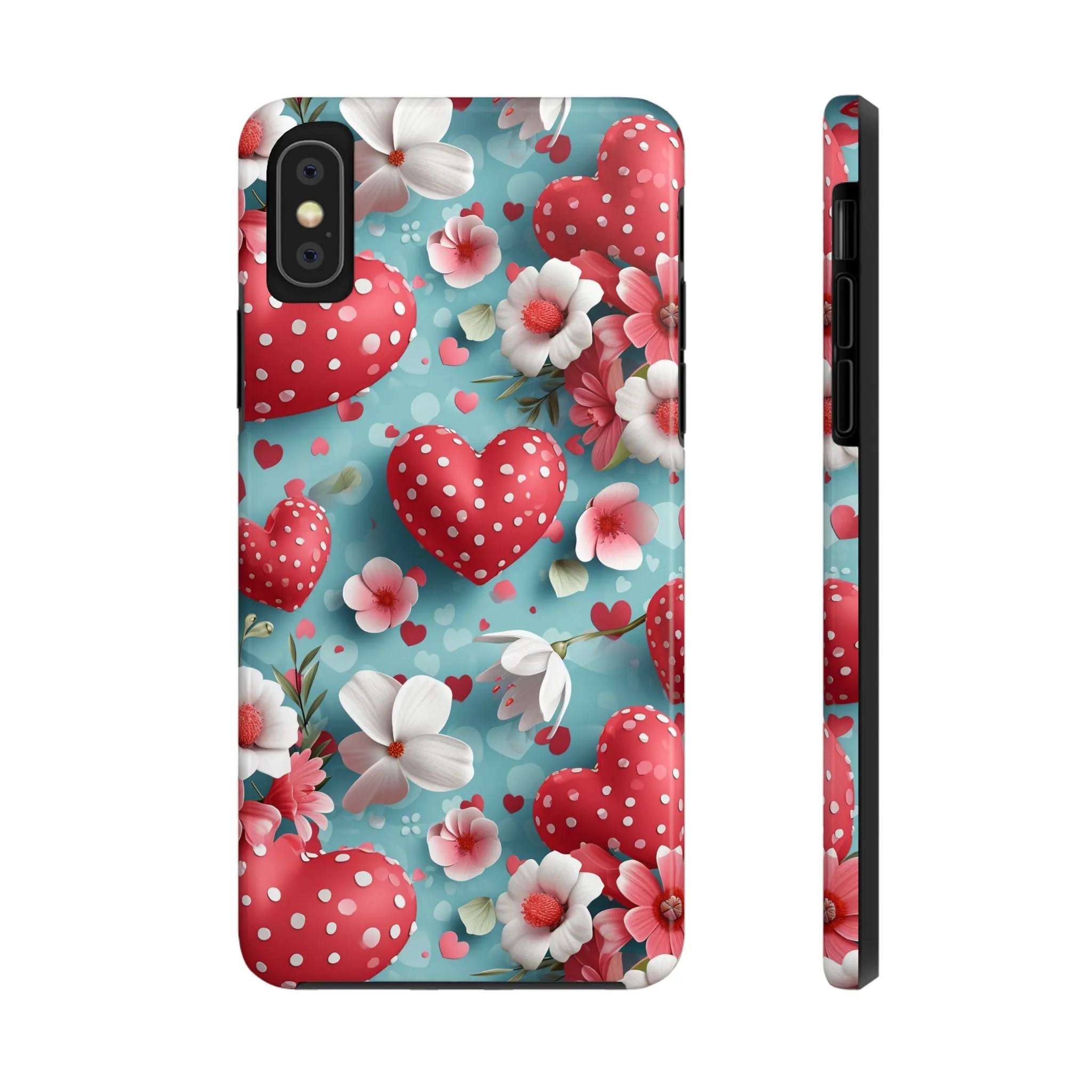 Pink White Flowers Red Hearts Digital print Design Tough Phone Case compatible with a large variety of iPhone models, Gift, Phone Case