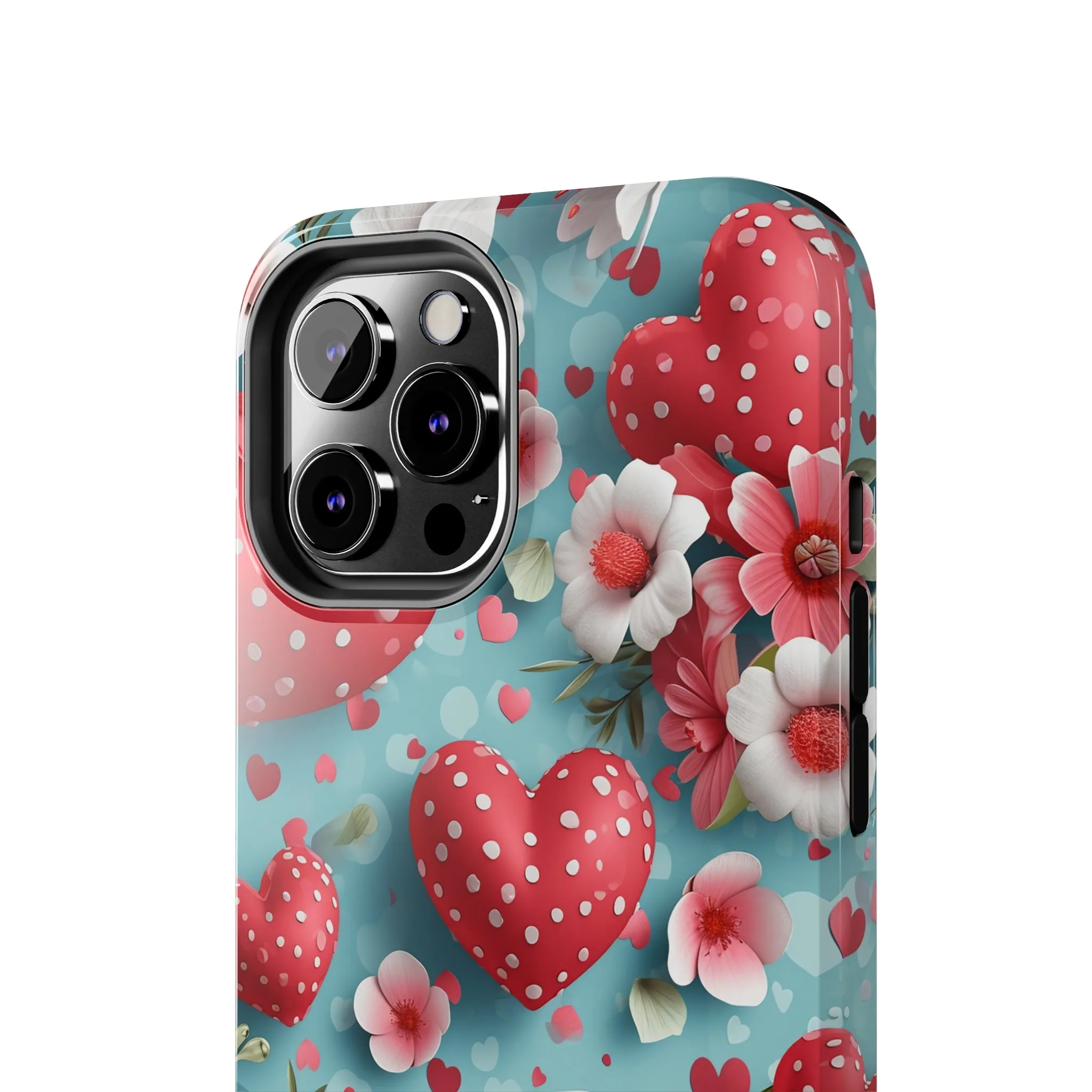 Pink White Flowers Red Hearts Digital print Design Tough Phone Case compatible with a large variety of iPhone models, Gift, Phone Case