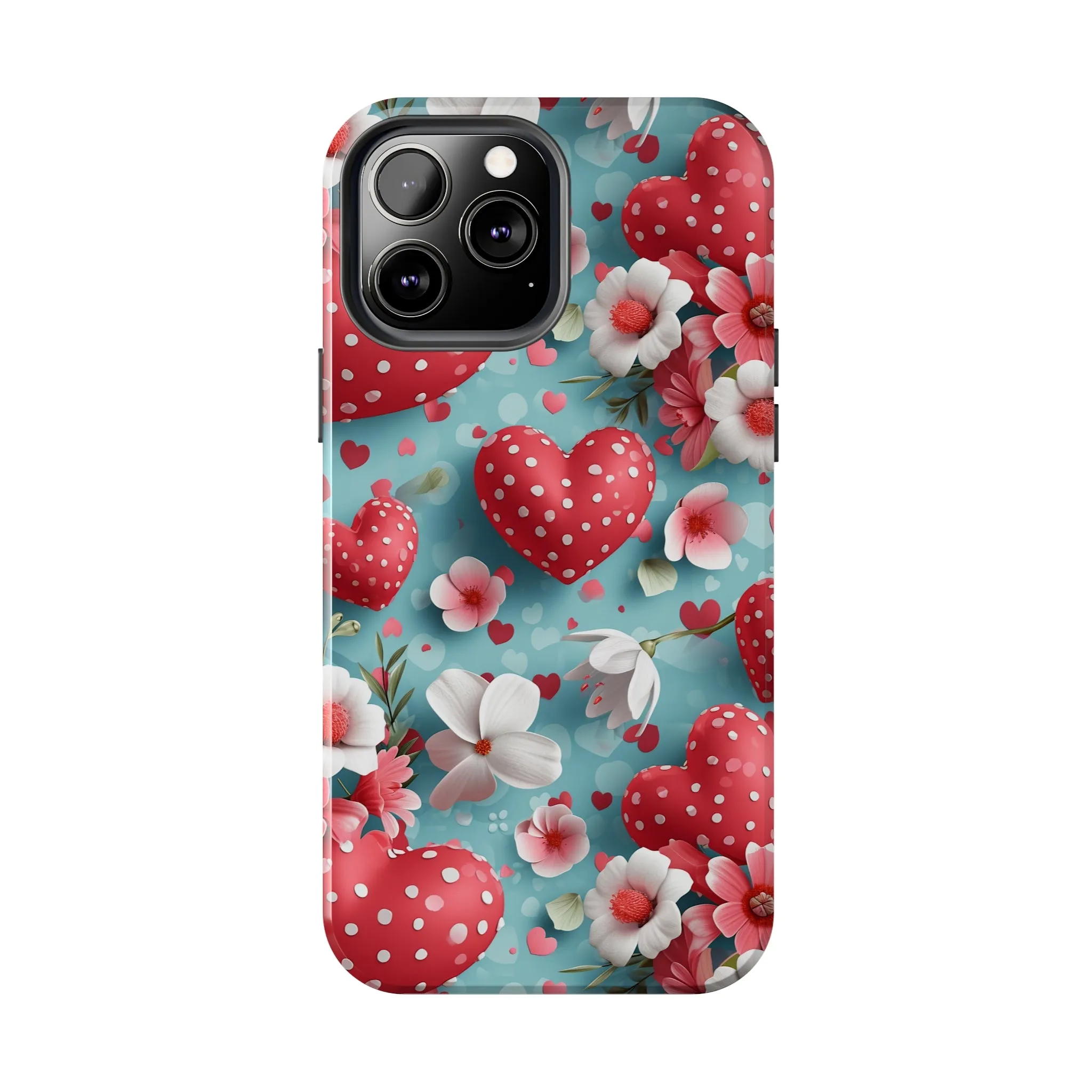 Pink White Flowers Red Hearts Digital print Design Tough Phone Case compatible with a large variety of iPhone models, Gift, Phone Case