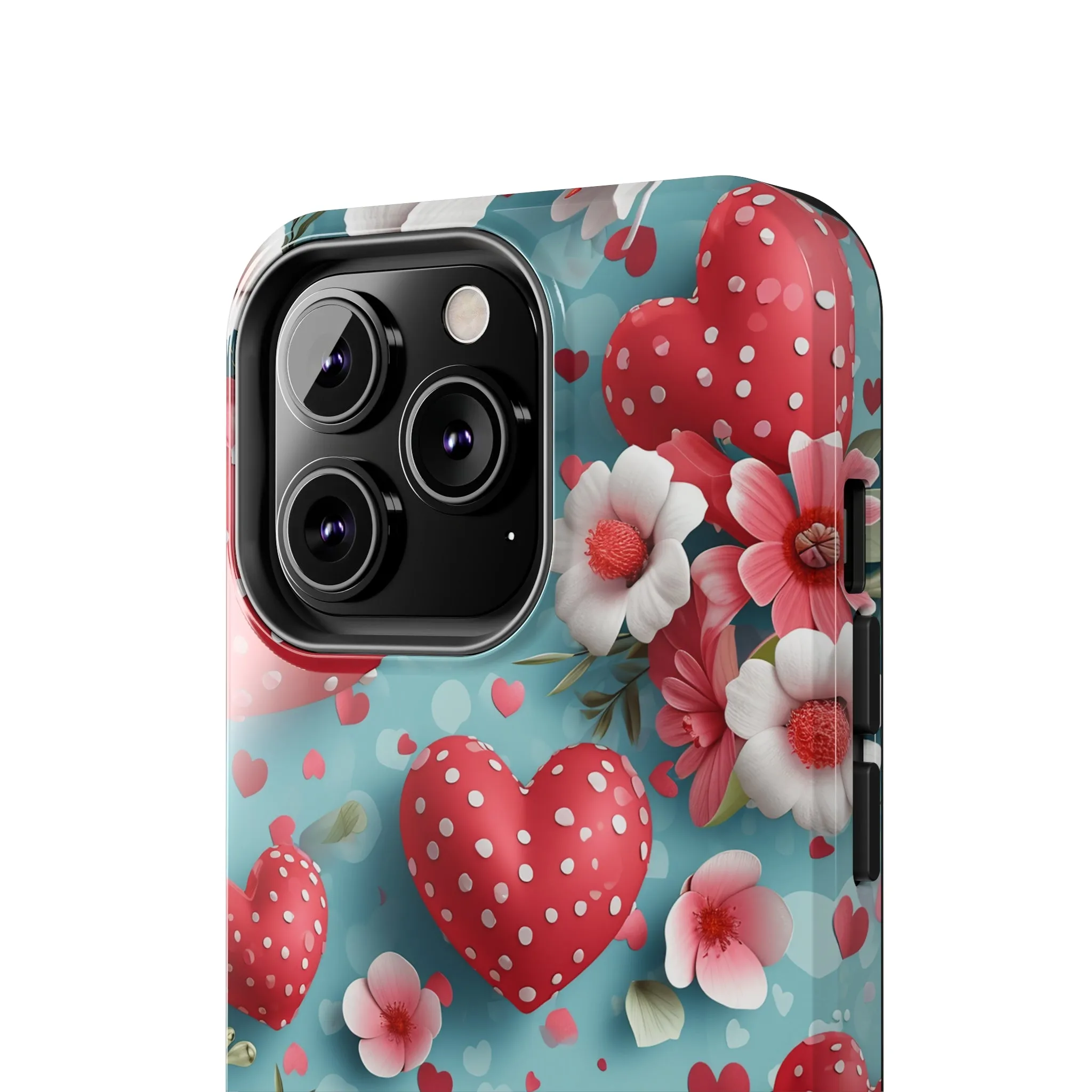 Pink White Flowers Red Hearts Digital print Design Tough Phone Case compatible with a large variety of iPhone models, Gift, Phone Case