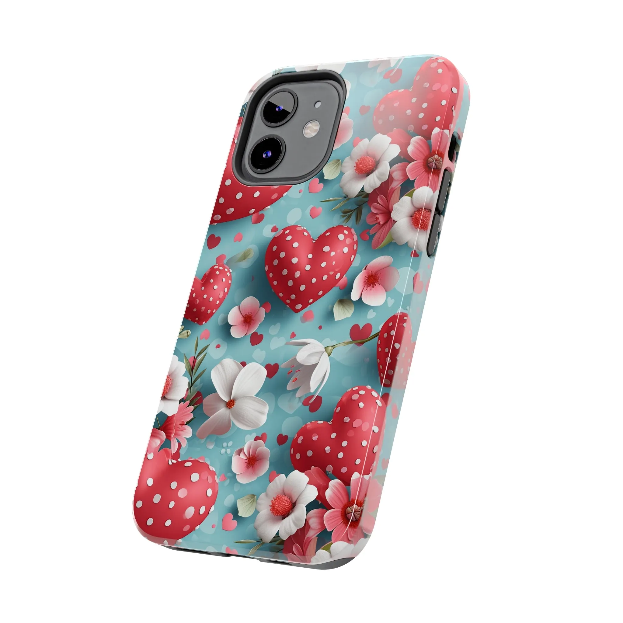 Pink White Flowers Red Hearts Digital print Design Tough Phone Case compatible with a large variety of iPhone models, Gift, Phone Case