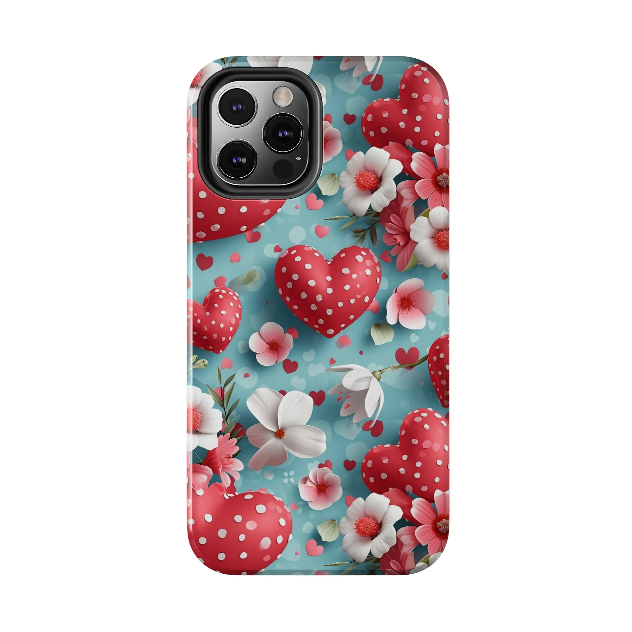 Pink White Flowers Red Hearts Digital print Design Tough Phone Case compatible with a large variety of iPhone models, Gift, Phone Case