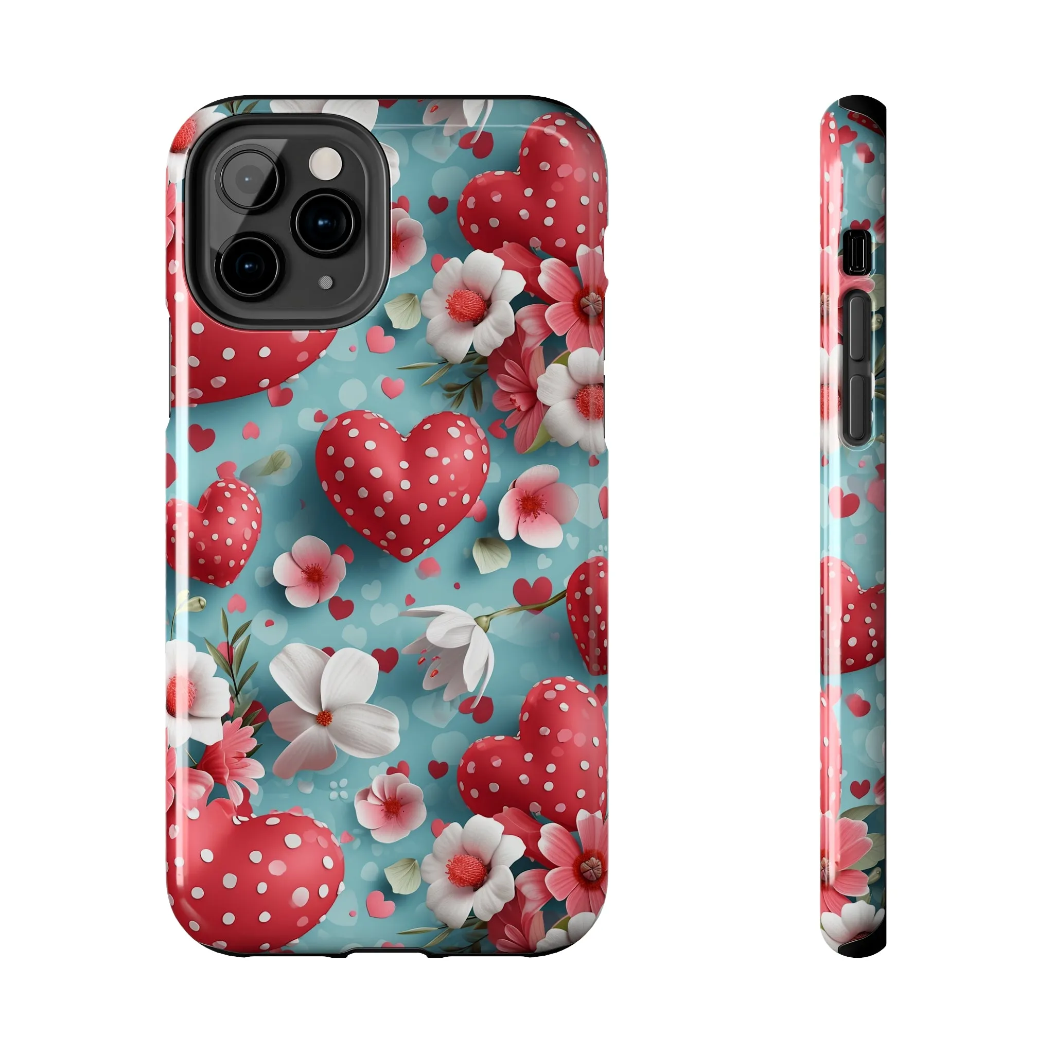 Pink White Flowers Red Hearts Digital print Design Tough Phone Case compatible with a large variety of iPhone models, Gift, Phone Case