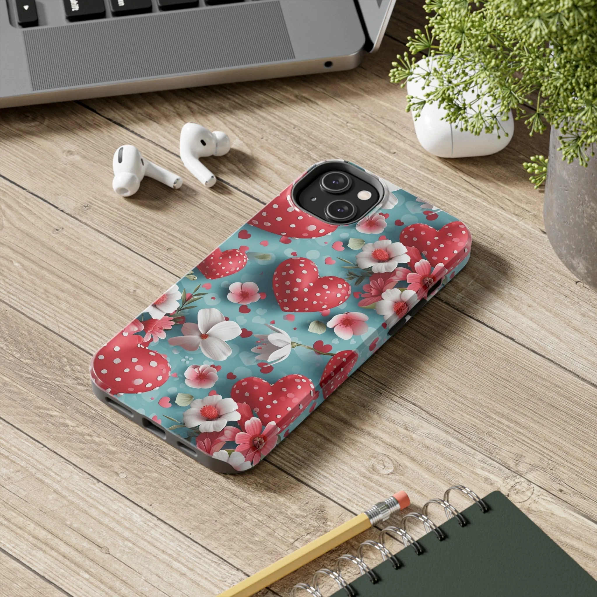 Pink White Flowers Red Hearts Digital print Design Tough Phone Case compatible with a large variety of iPhone models, Gift, Phone Case