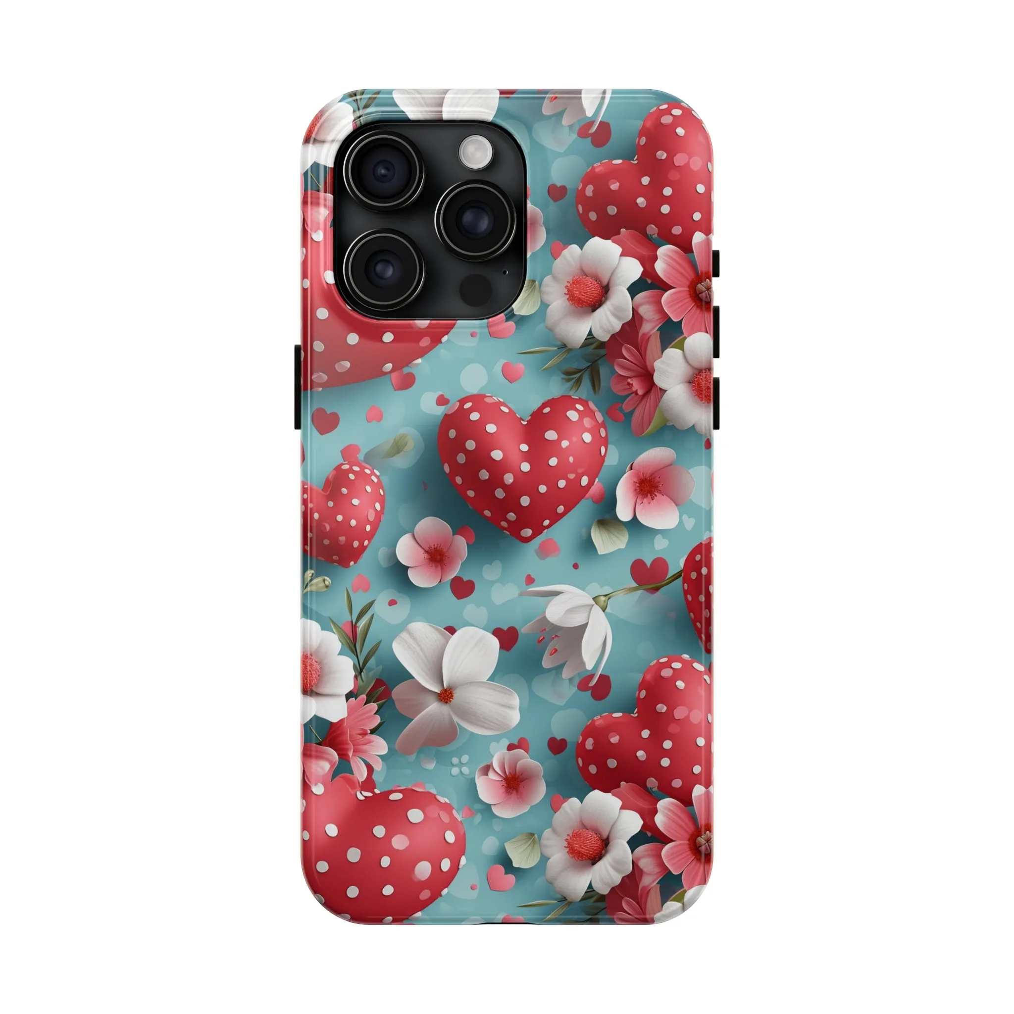 Pink White Flowers Red Hearts Digital print Design Tough Phone Case compatible with a large variety of iPhone models, Gift, Phone Case