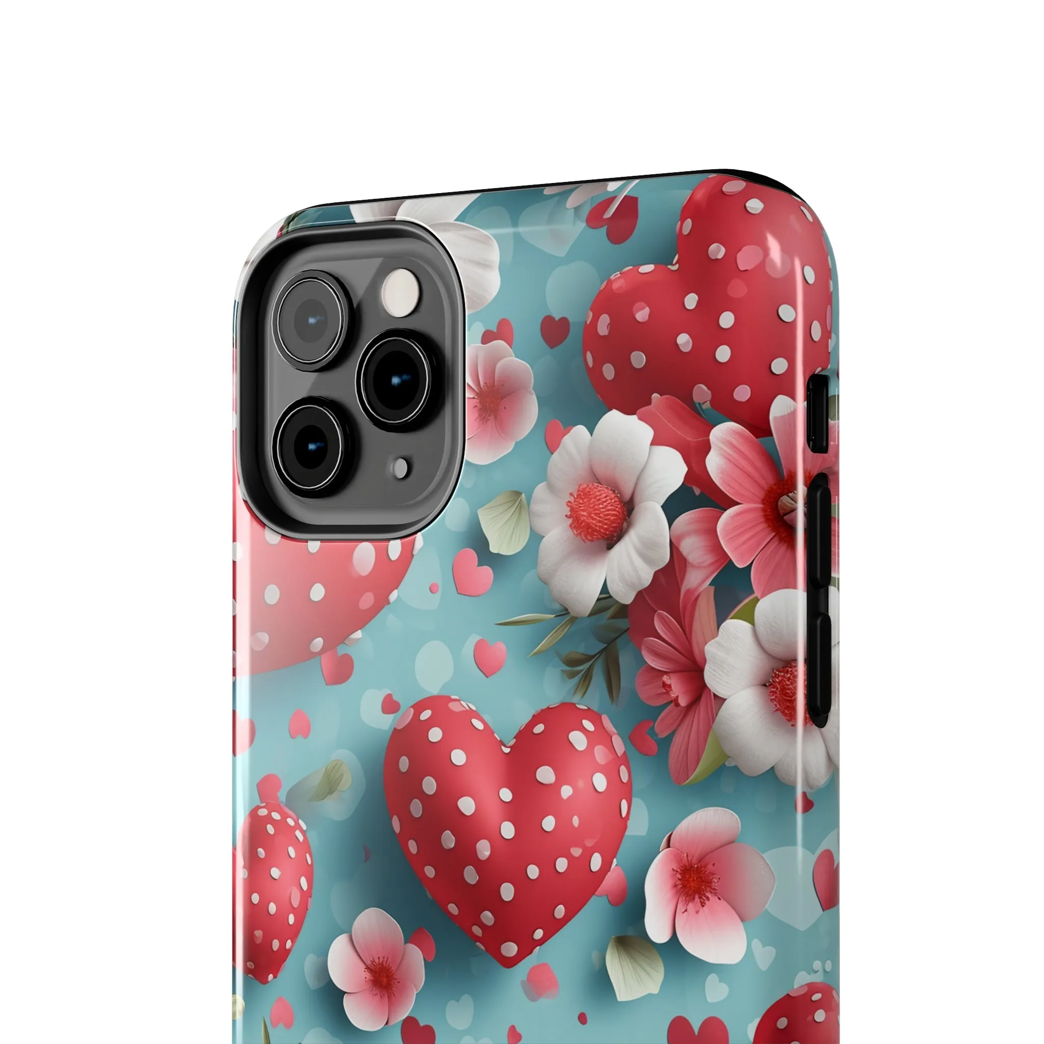 Pink White Flowers Red Hearts Digital print Design Tough Phone Case compatible with a large variety of iPhone models, Gift, Phone Case