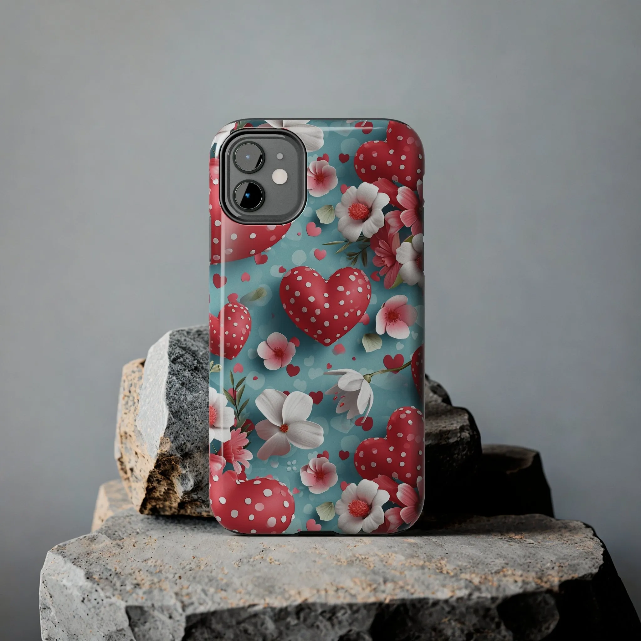 Pink White Flowers Red Hearts Digital print Design Tough Phone Case compatible with a large variety of iPhone models, Gift, Phone Case