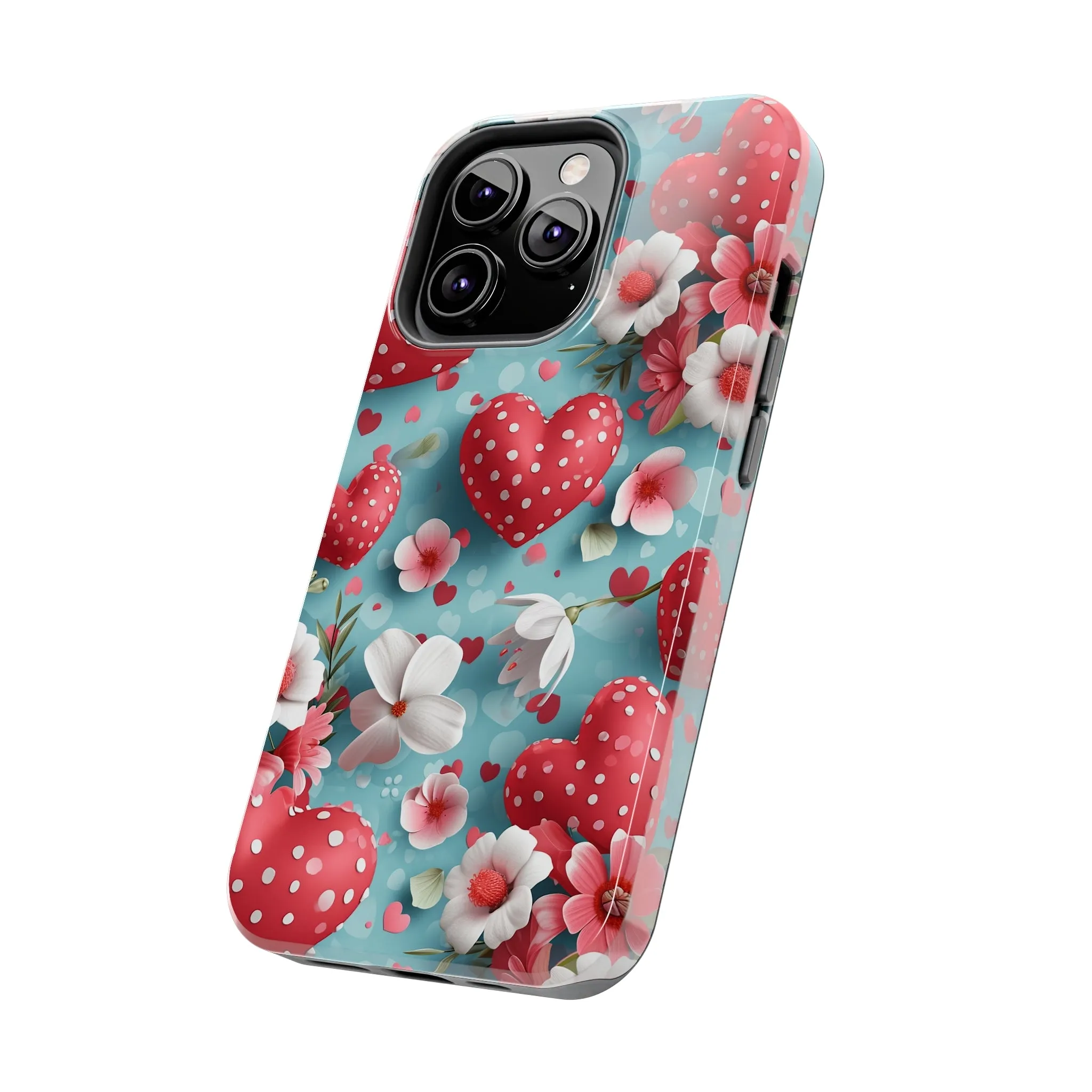 Pink White Flowers Red Hearts Digital print Design Tough Phone Case compatible with a large variety of iPhone models, Gift, Phone Case