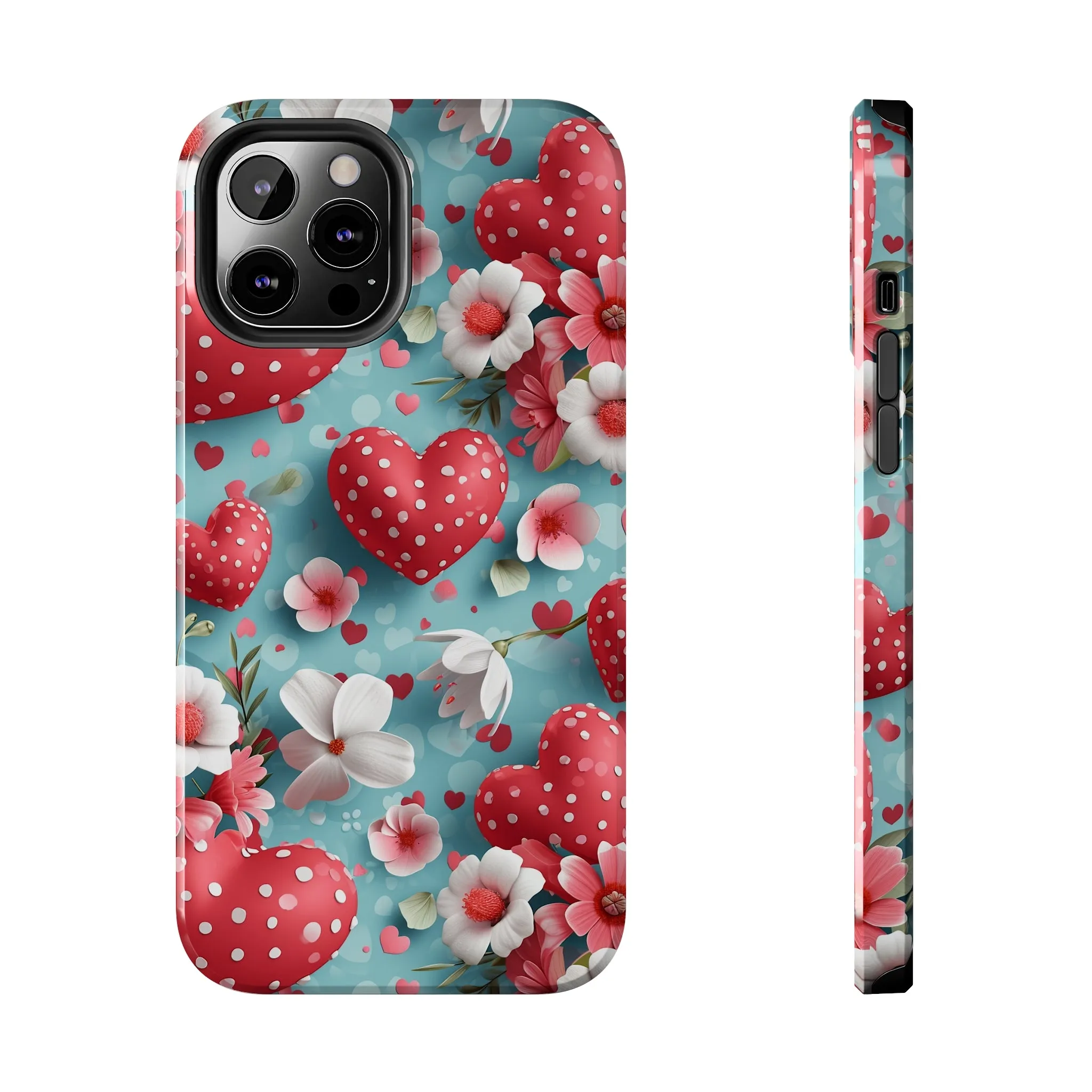 Pink White Flowers Red Hearts Digital print Design Tough Phone Case compatible with a large variety of iPhone models, Gift, Phone Case