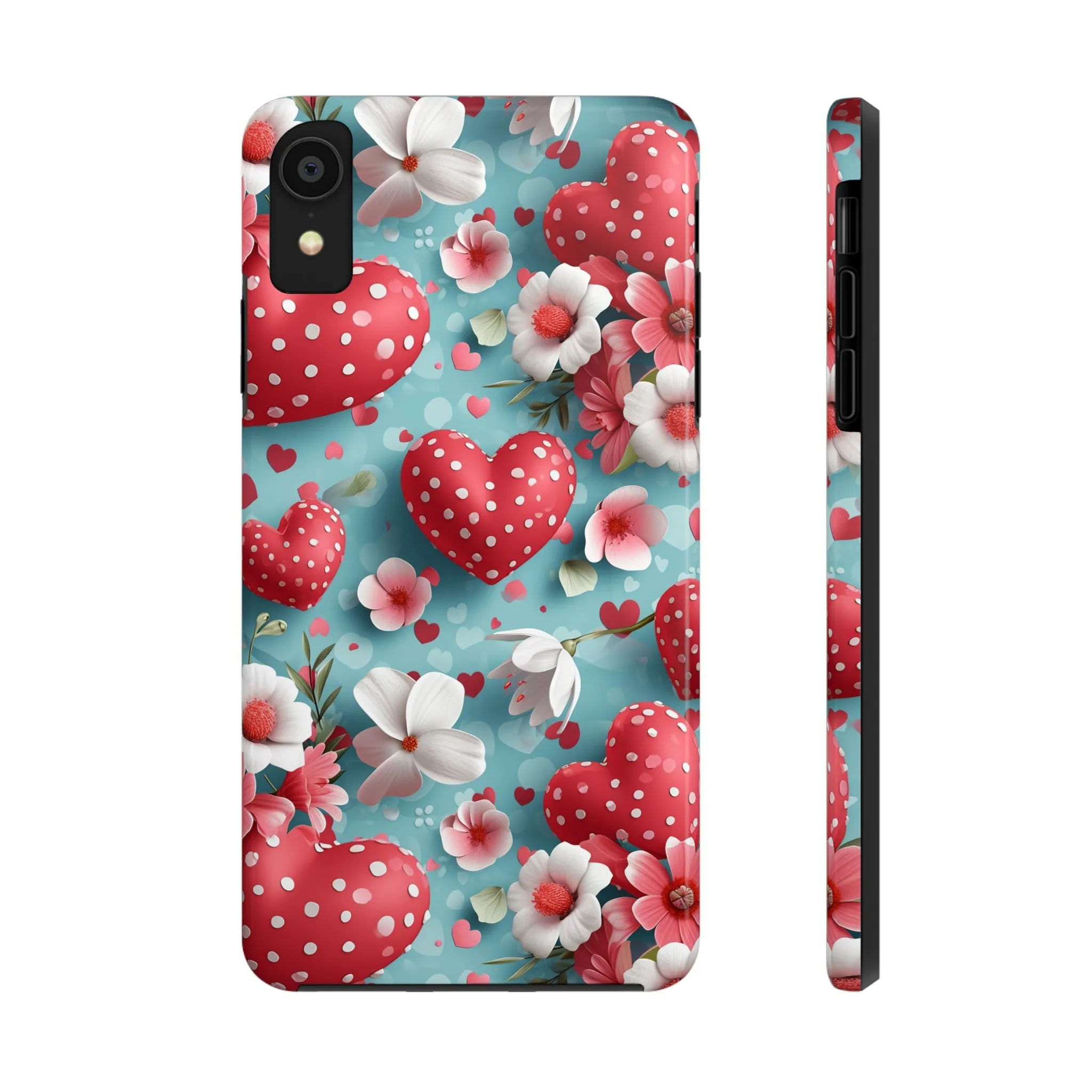 Pink White Flowers Red Hearts Digital print Design Tough Phone Case compatible with a large variety of iPhone models, Gift, Phone Case