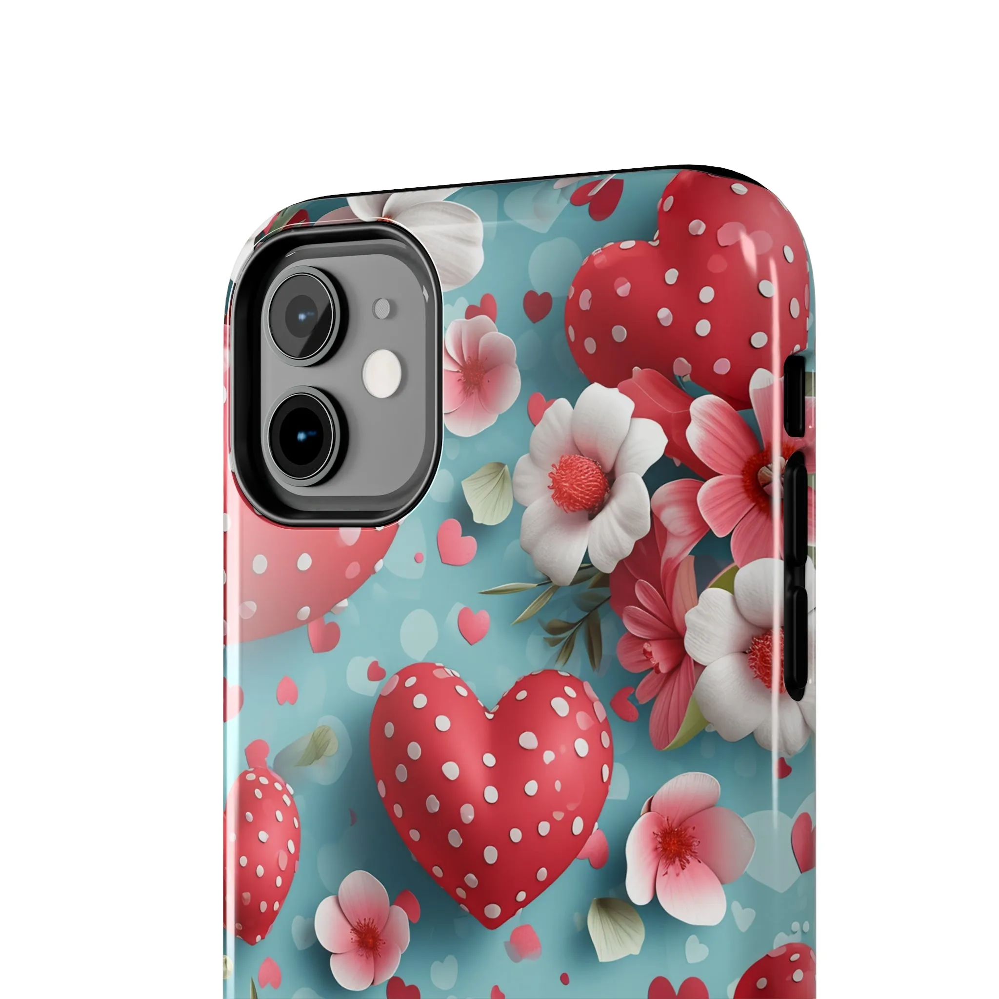 Pink White Flowers Red Hearts Digital print Design Tough Phone Case compatible with a large variety of iPhone models, Gift, Phone Case