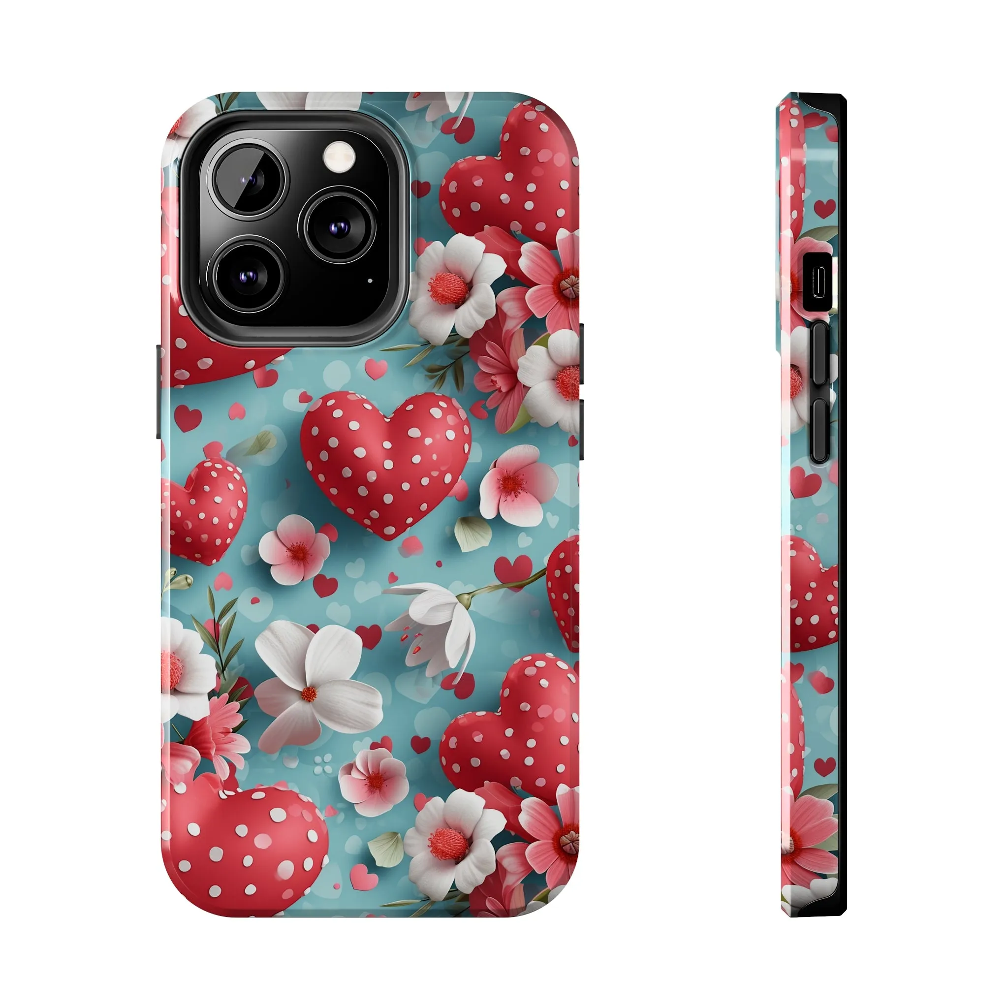 Pink White Flowers Red Hearts Digital print Design Tough Phone Case compatible with a large variety of iPhone models, Gift, Phone Case