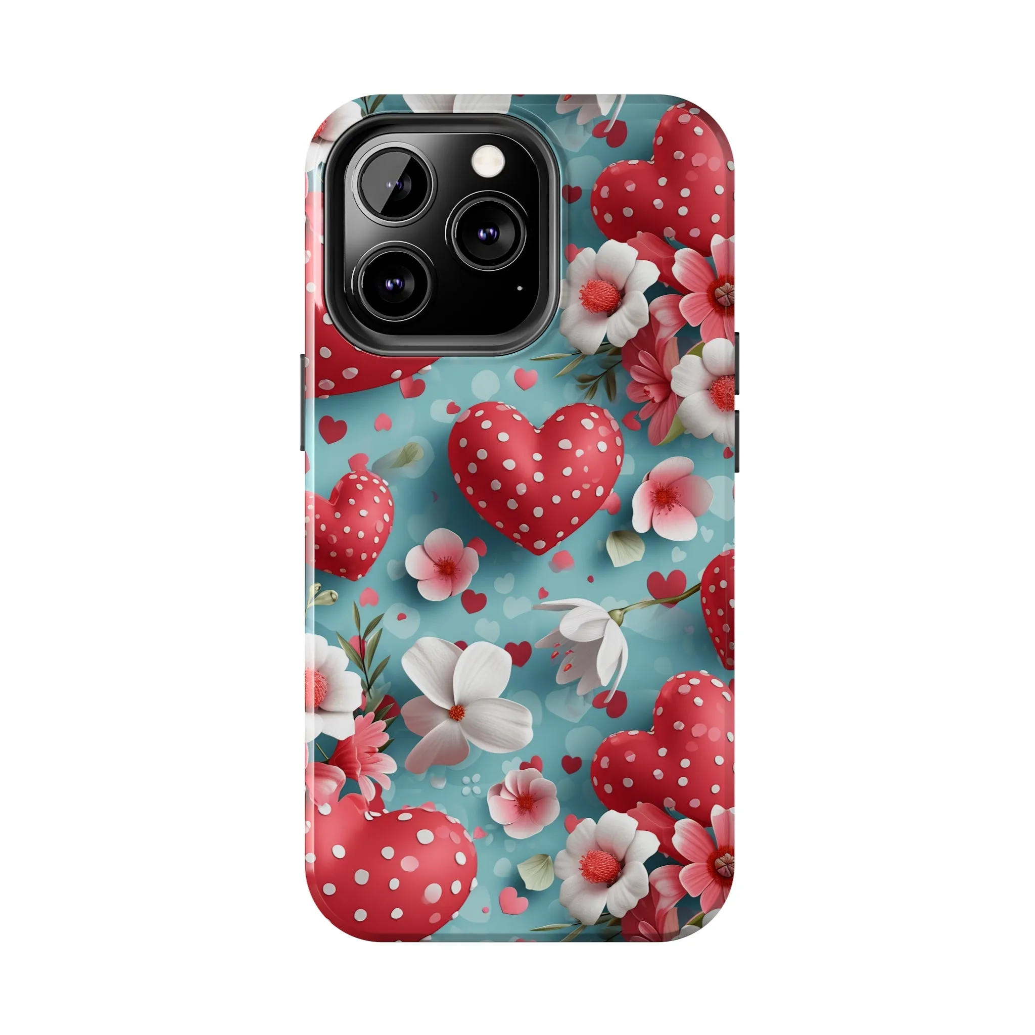 Pink White Flowers Red Hearts Digital print Design Tough Phone Case compatible with a large variety of iPhone models, Gift, Phone Case