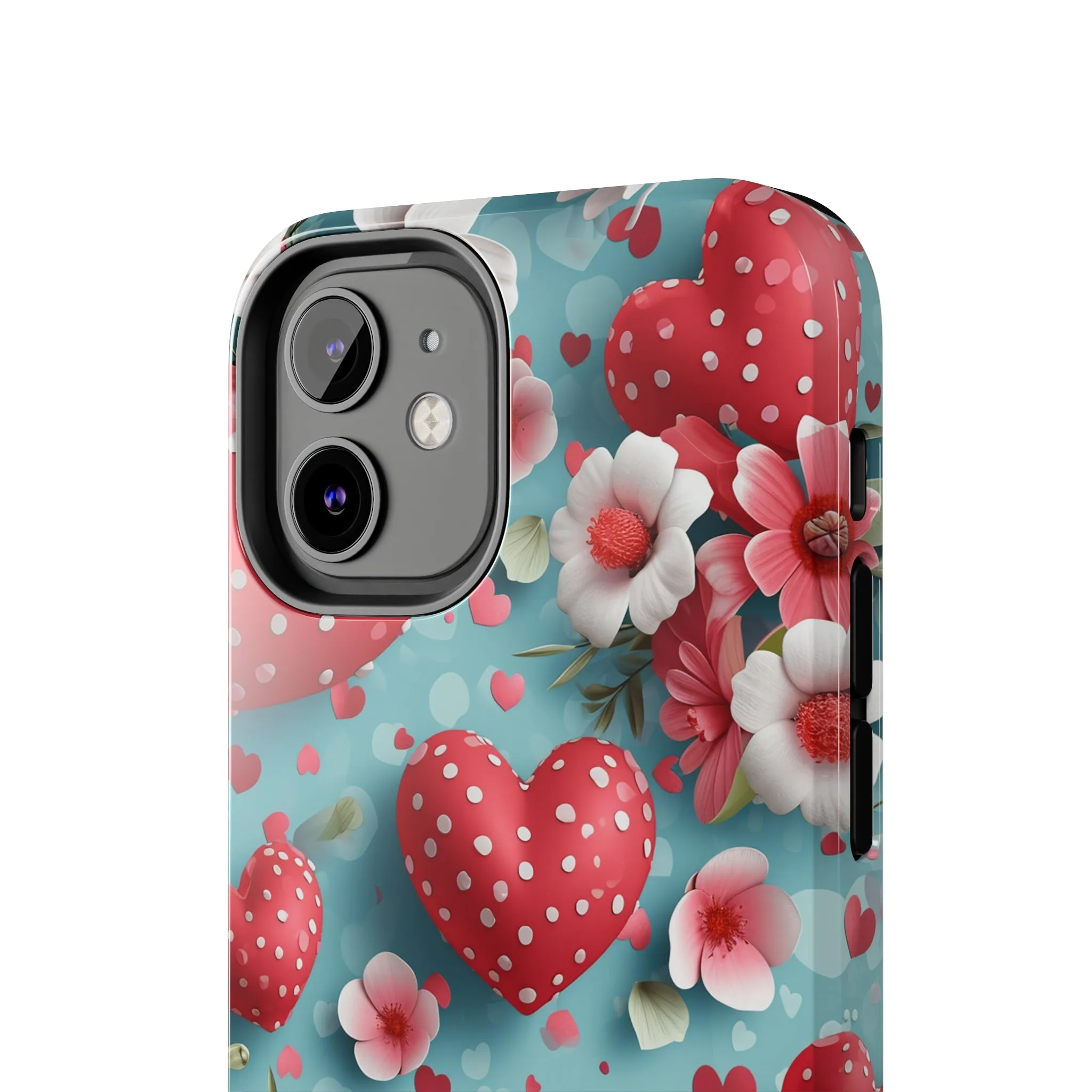 Pink White Flowers Red Hearts Digital print Design Tough Phone Case compatible with a large variety of iPhone models, Gift, Phone Case