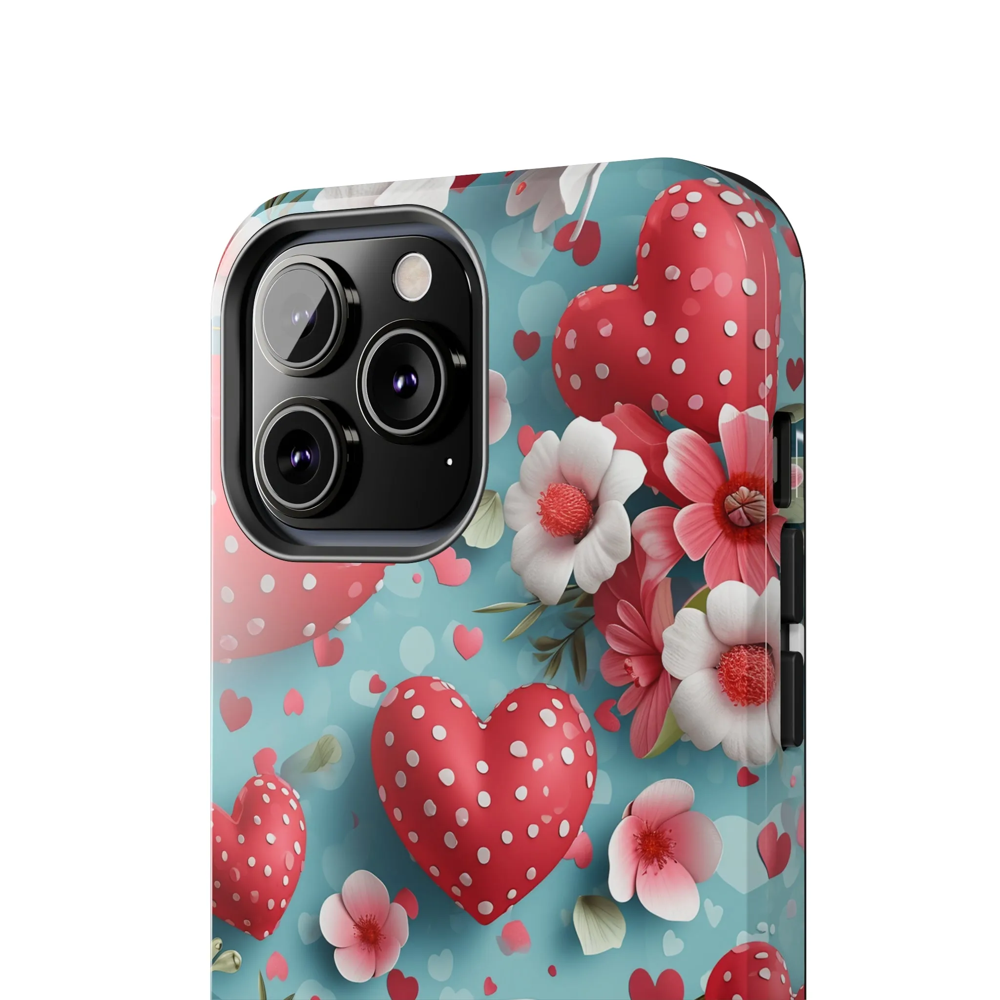 Pink White Flowers Red Hearts Digital print Design Tough Phone Case compatible with a large variety of iPhone models, Gift, Phone Case