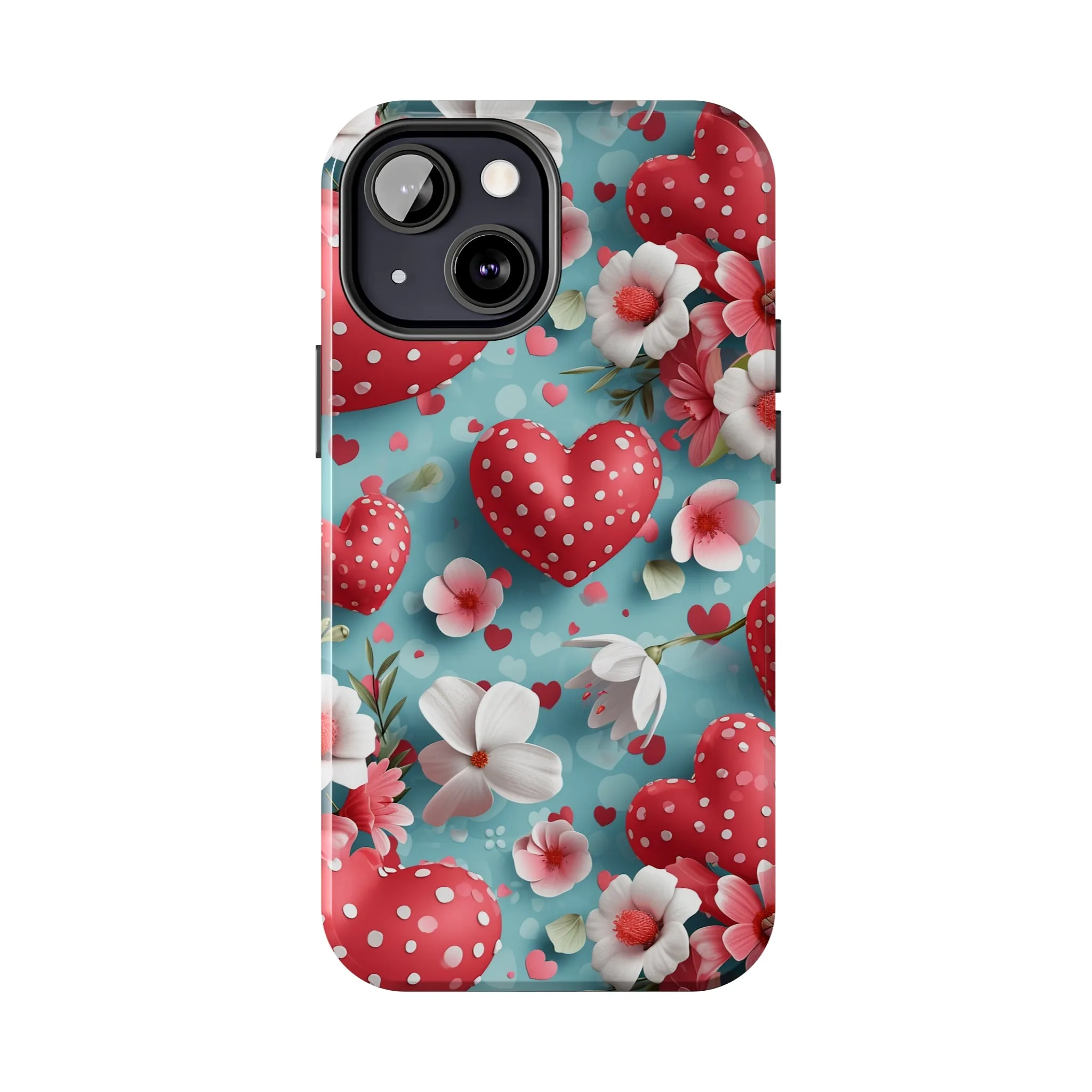 Pink White Flowers Red Hearts Digital print Design Tough Phone Case compatible with a large variety of iPhone models, Gift, Phone Case