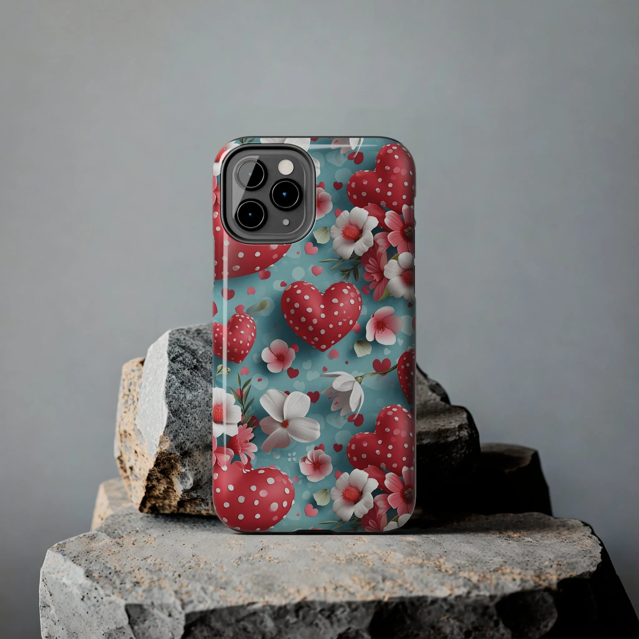 Pink White Flowers Red Hearts Digital print Design Tough Phone Case compatible with a large variety of iPhone models, Gift, Phone Case