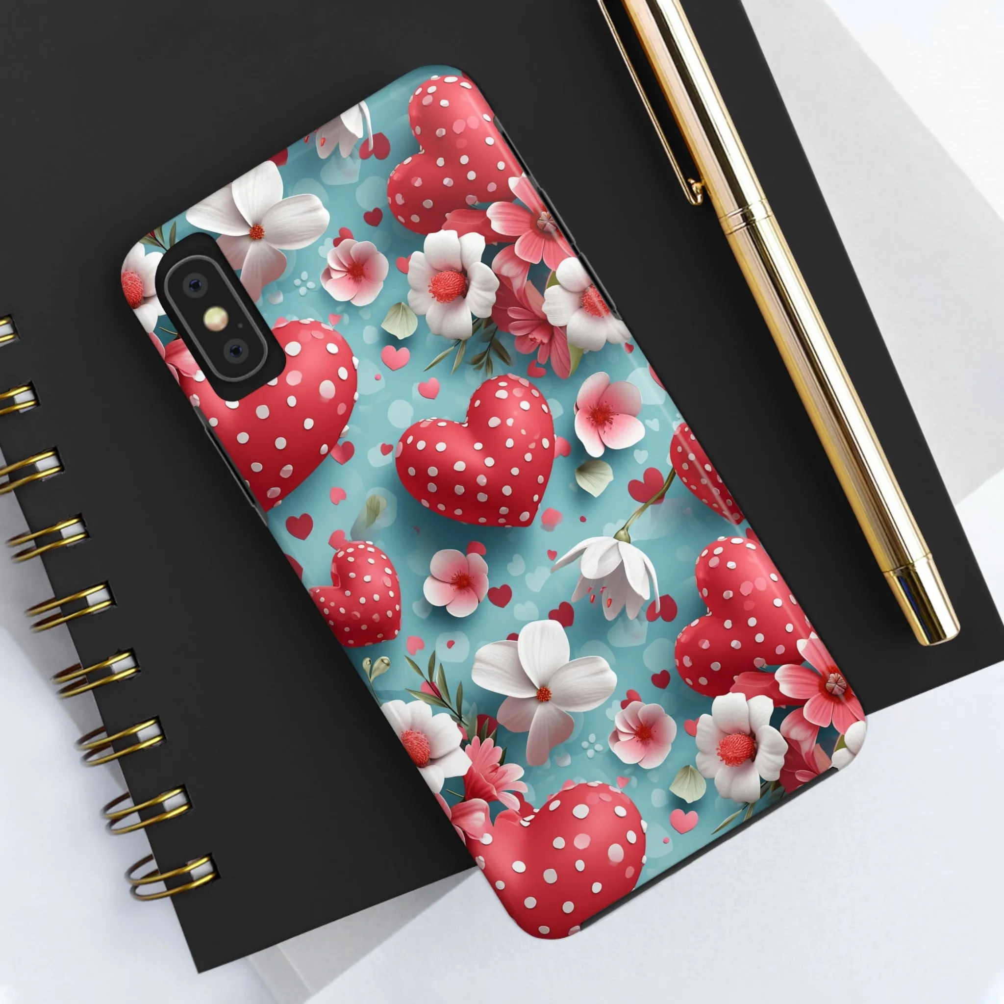 Pink White Flowers Red Hearts Digital print Design Tough Phone Case compatible with a large variety of iPhone models, Gift, Phone Case