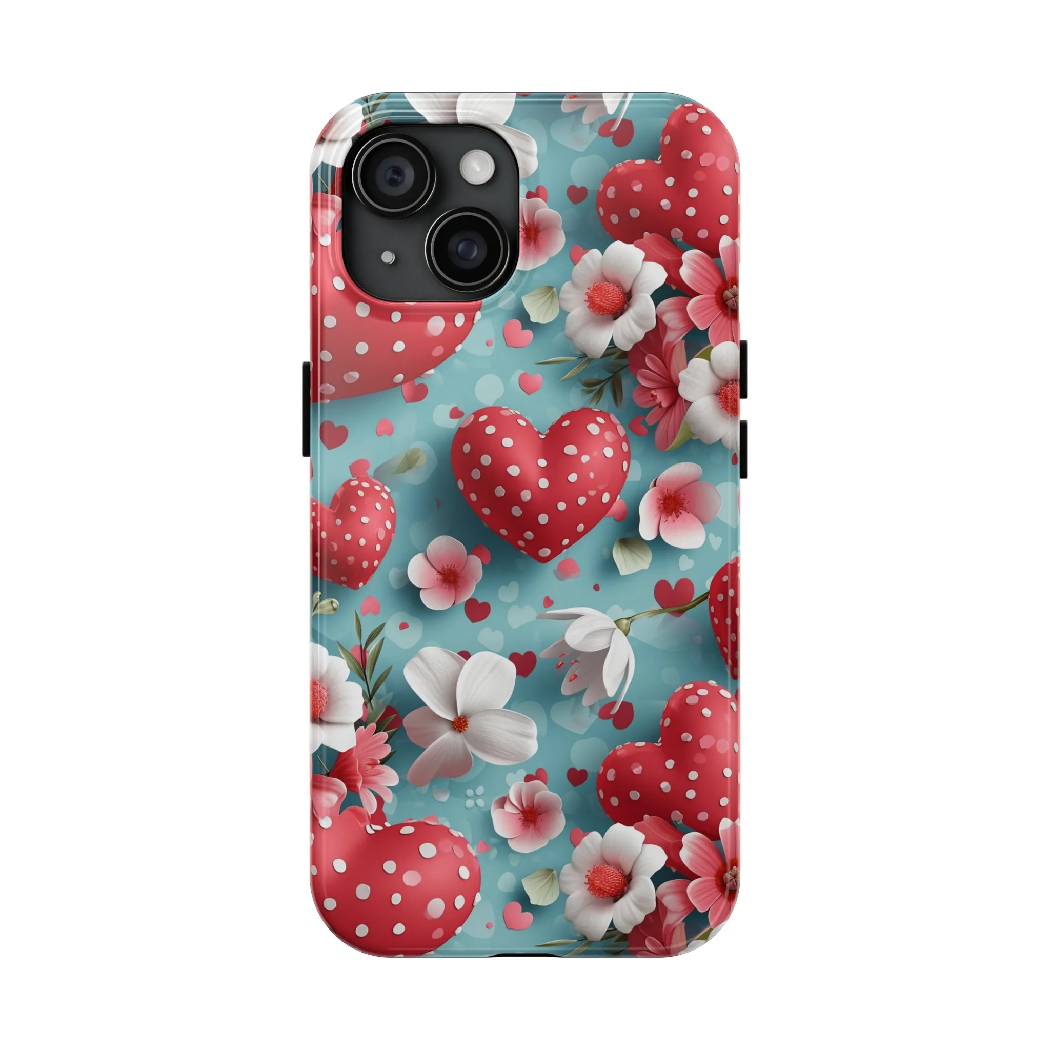 Pink White Flowers Red Hearts Digital print Design Tough Phone Case compatible with a large variety of iPhone models, Gift, Phone Case